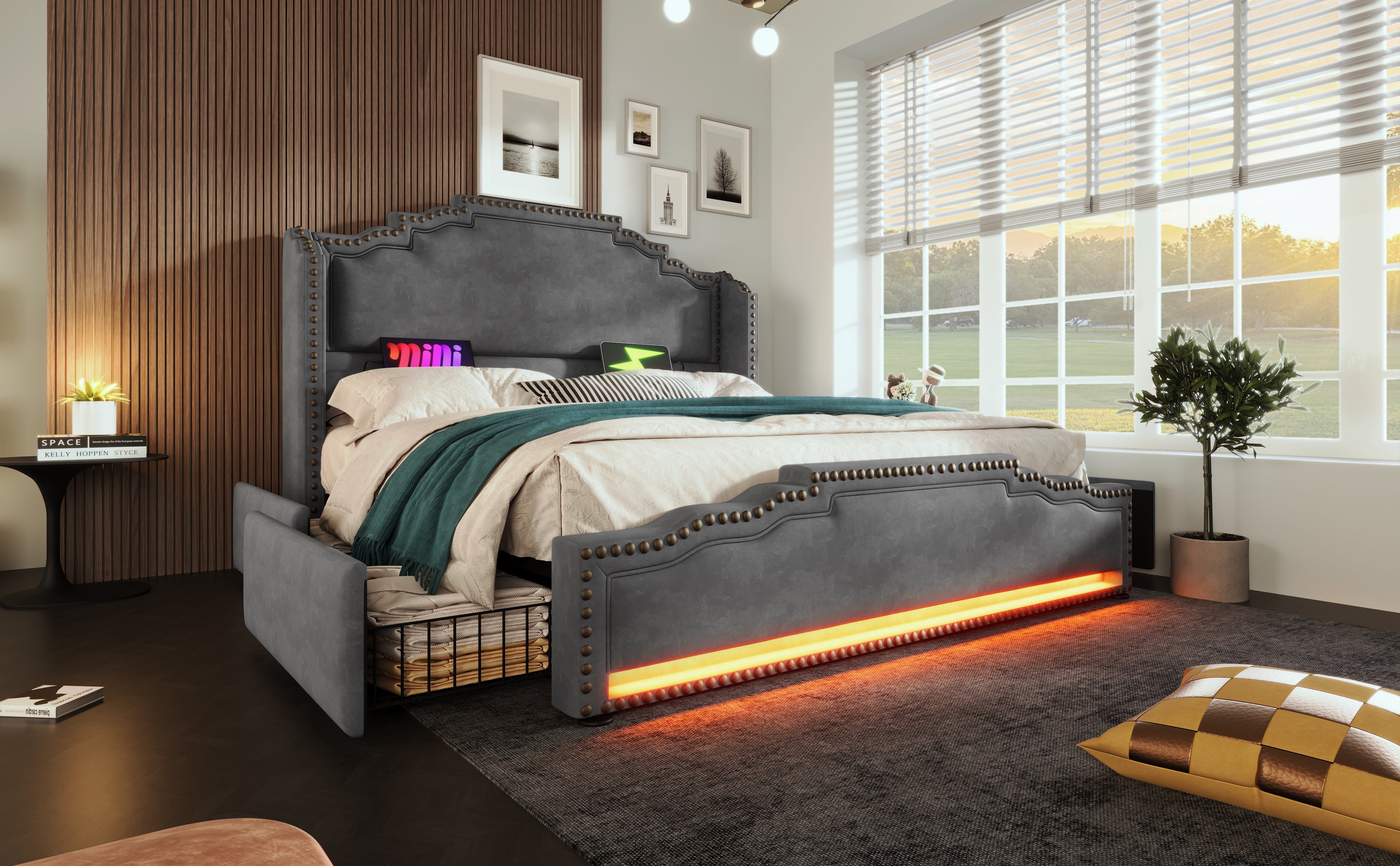 Logidon gestoffeerd bed 140x200 fluweelgrijs met 4 oplaad-LED-lampjes USB C