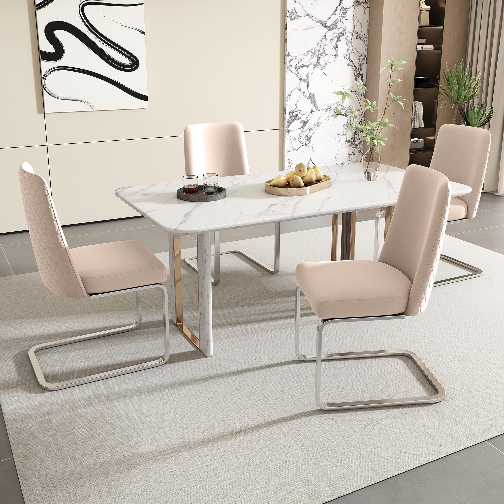Logidon fluwelen eetkamerstoelen set van 4 beige met diamantrugdesign