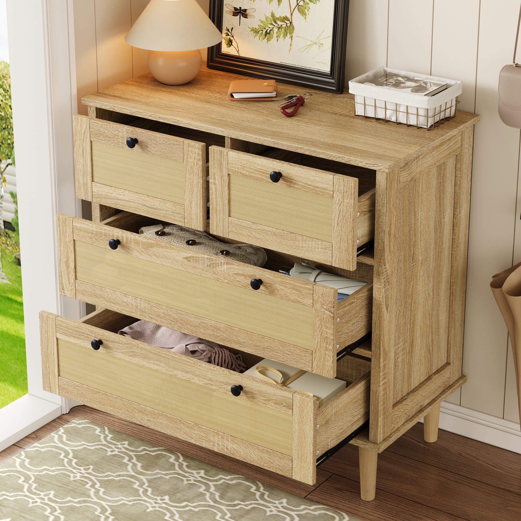 Logidon ladekast met 4 lades en rotan front naturel 80x40x80 cm