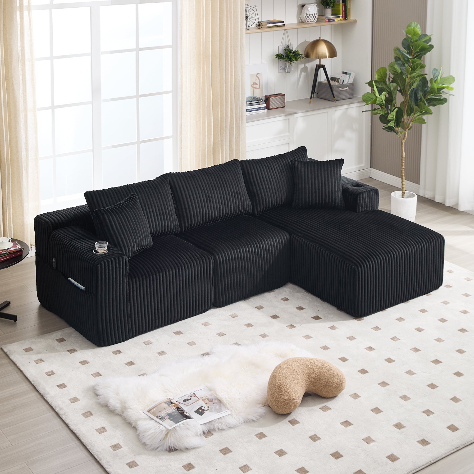 Logidon modulaire bankstel met chaise longue, 2-zitsbank, zwart corduroy