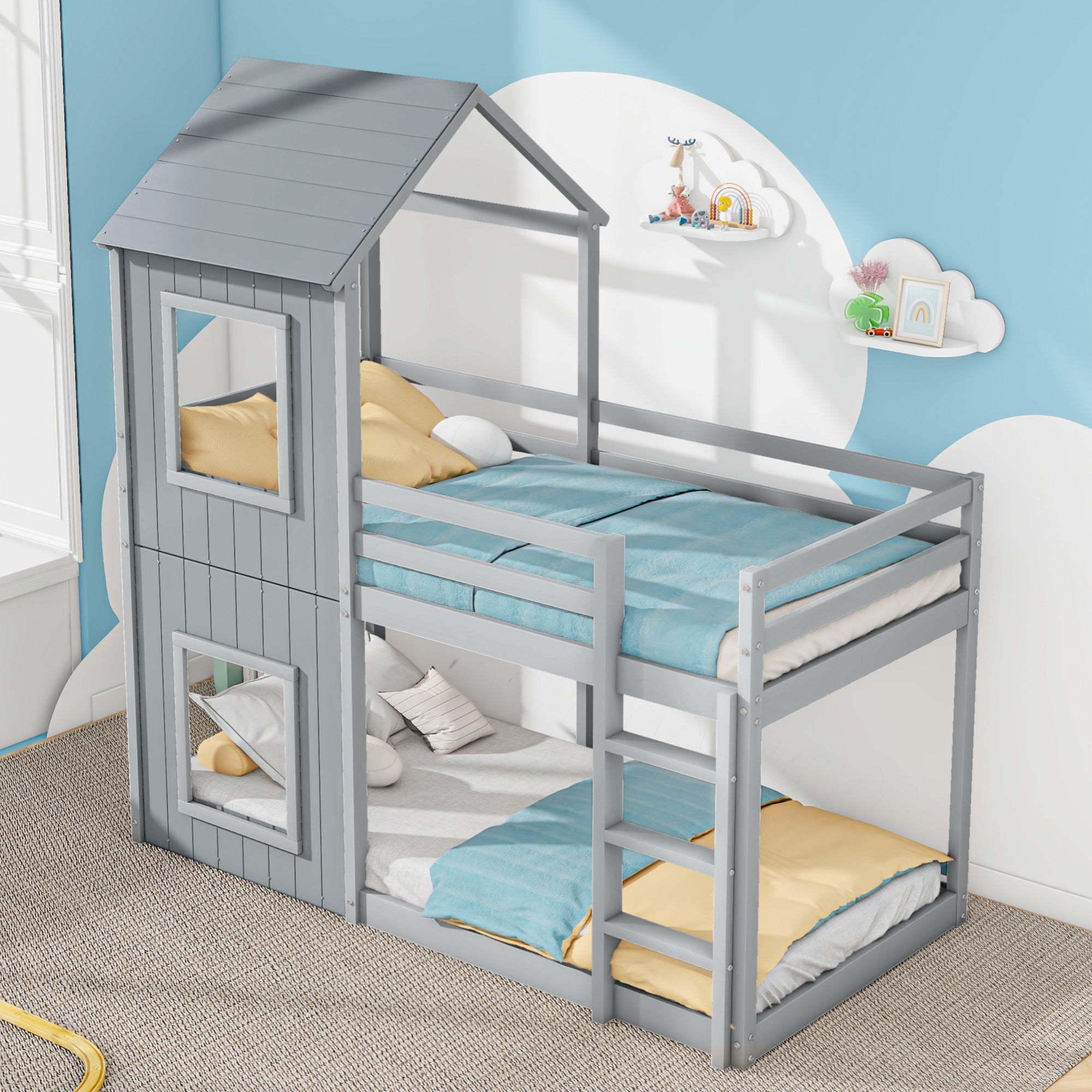 Logidon stapelbed 90x200 cm grijs huisbed met ladderhemel