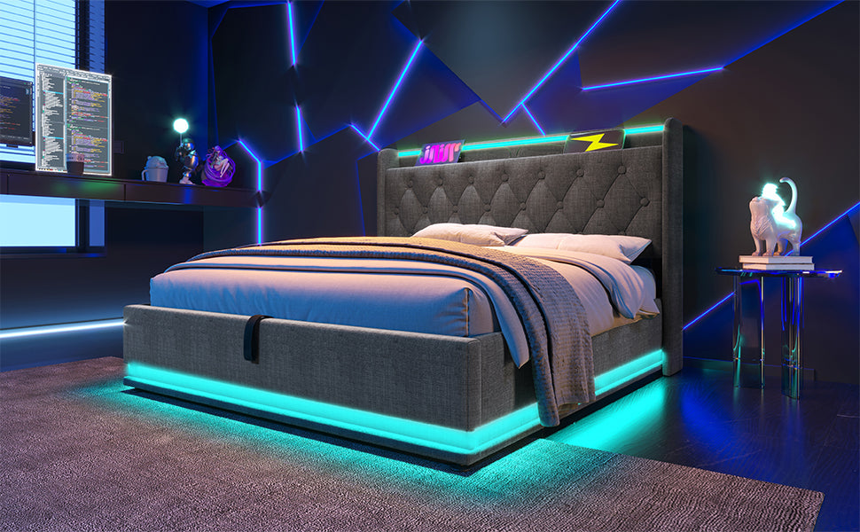 Logidon gestoffeerd bed tweepersoonsbed 180x200 cm grijs linnen LED-verlichting USB C