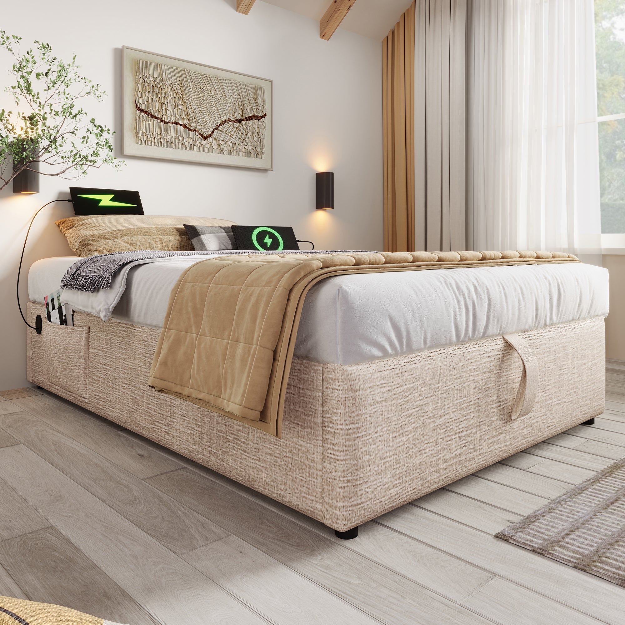 Logidon upholstered bed 90x190 beige USB C bed frame without headboard