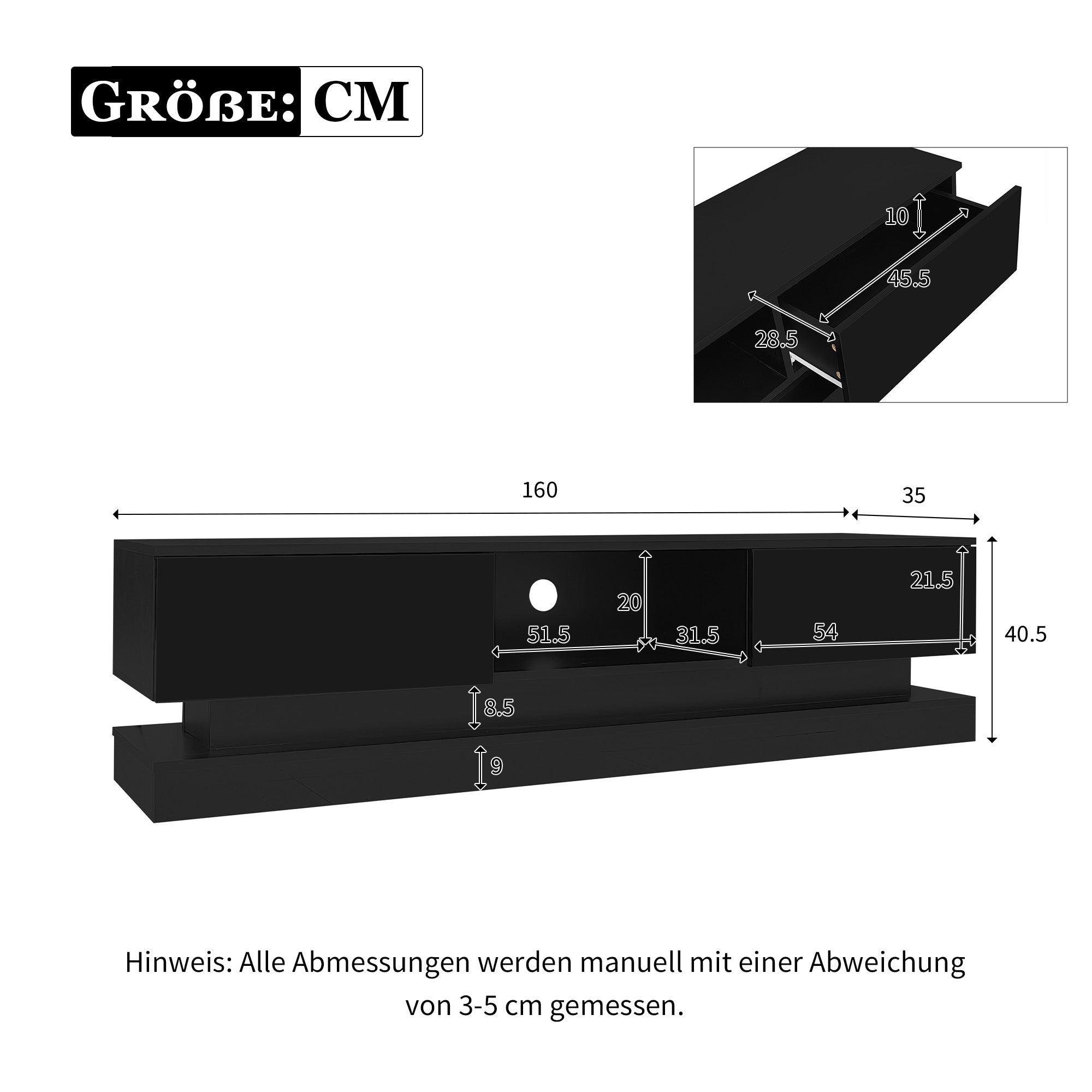 Logidon Zwart Hoogglans TV-meubel 160 CM Met LED 2 Laden