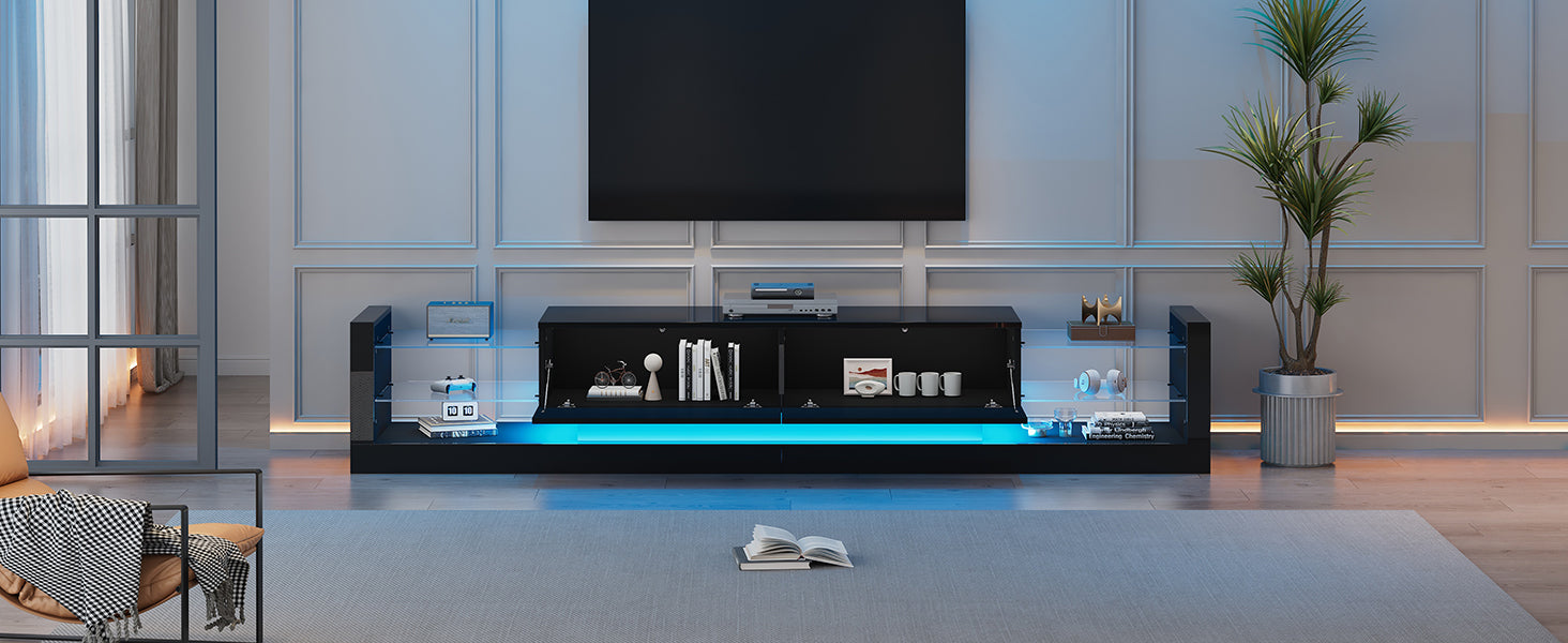 Logidon high-gloss TV cabinet 181 cm LED lighting black glass front