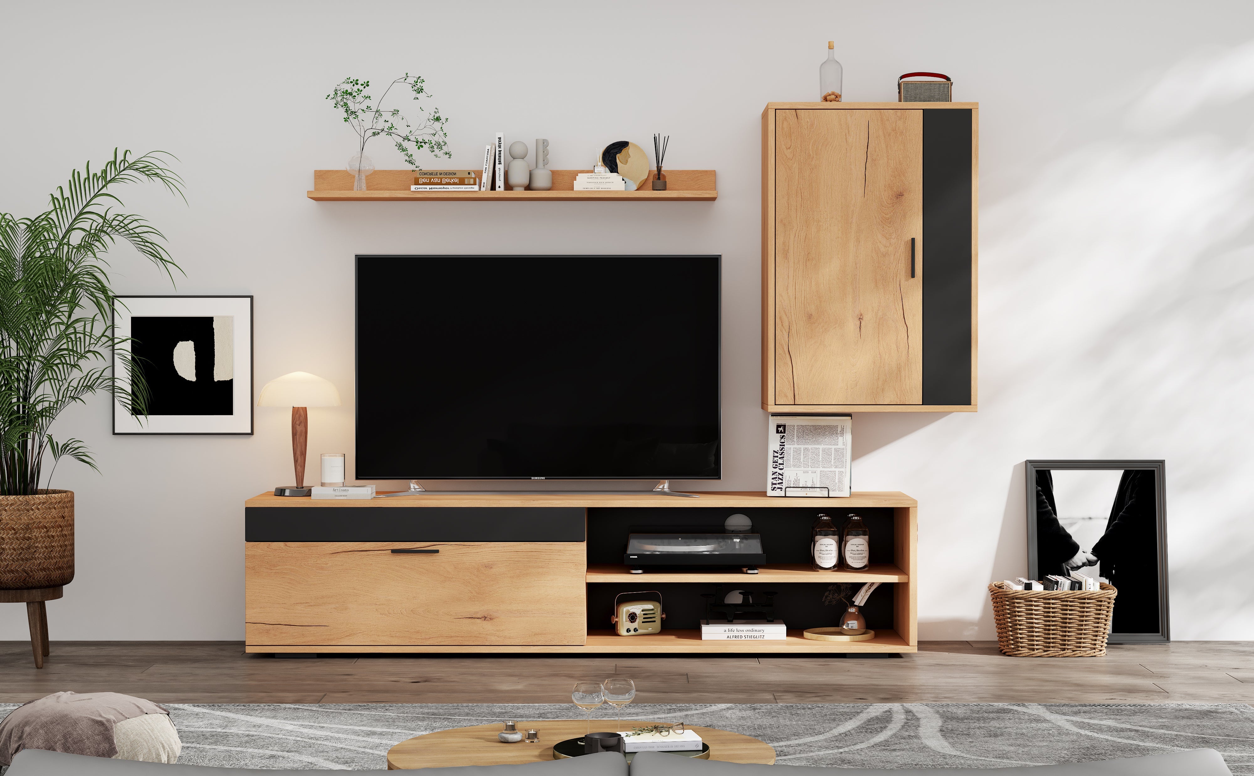 Logidon TV wandmeubelset 140 cm driedelig hout zwart
