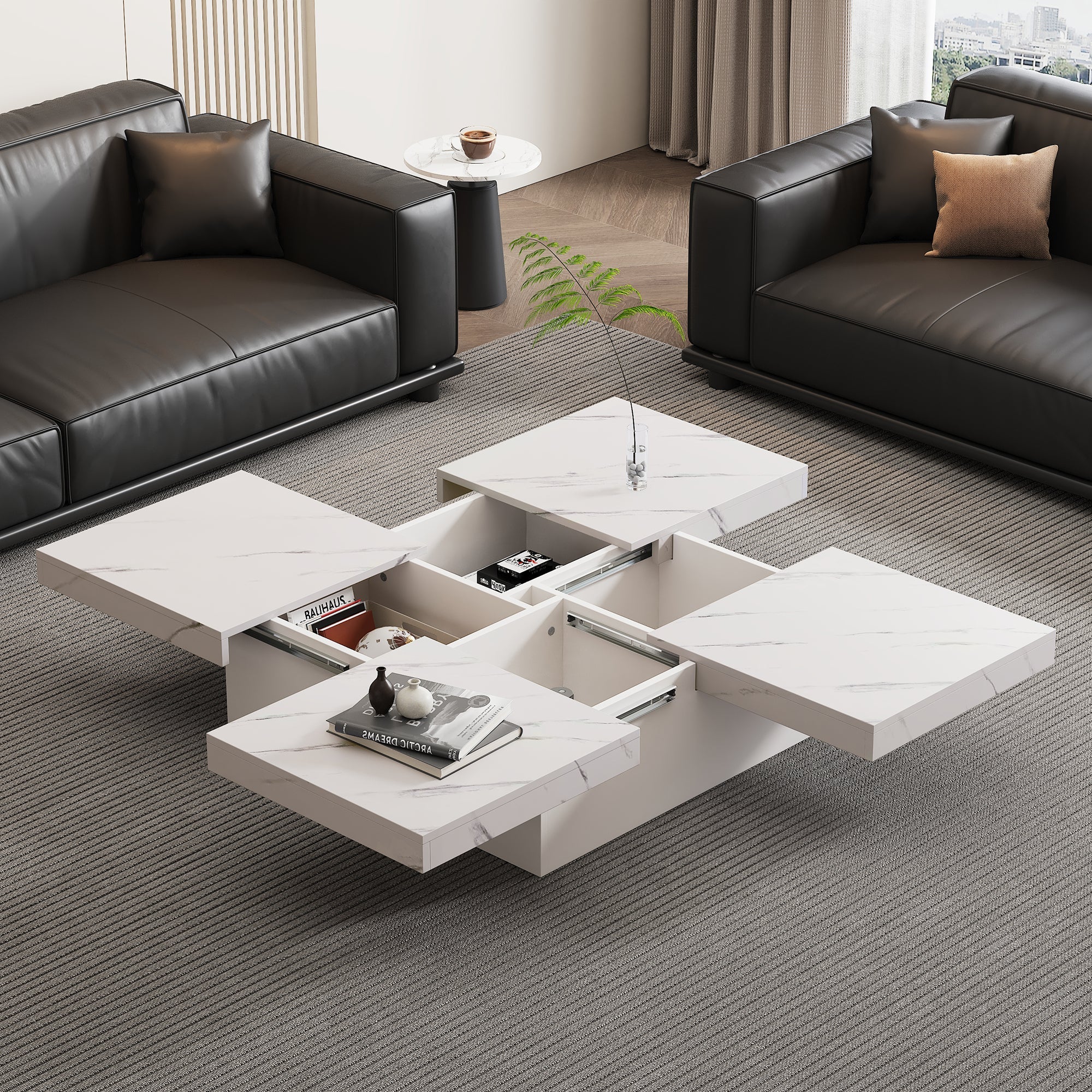 Logidon vierkante salontafel wit marmerlook 90x90x25 cm met lades