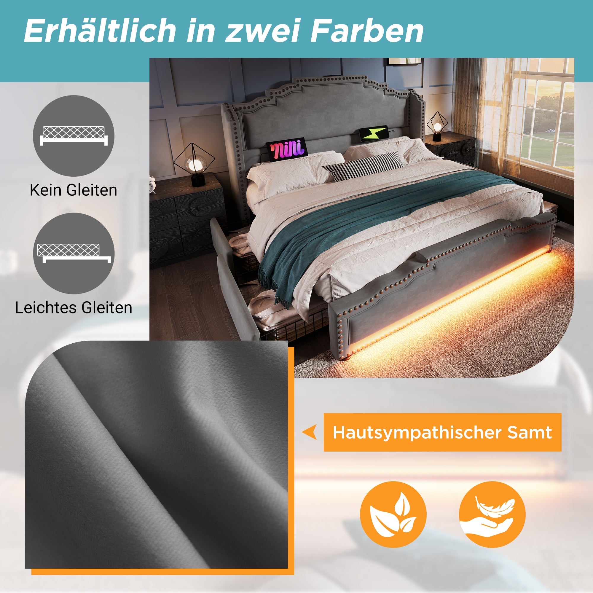 Logidon gestoffeerd bed 140x200 fluweelgrijs met 4 oplaad-LED-lampjes USB C