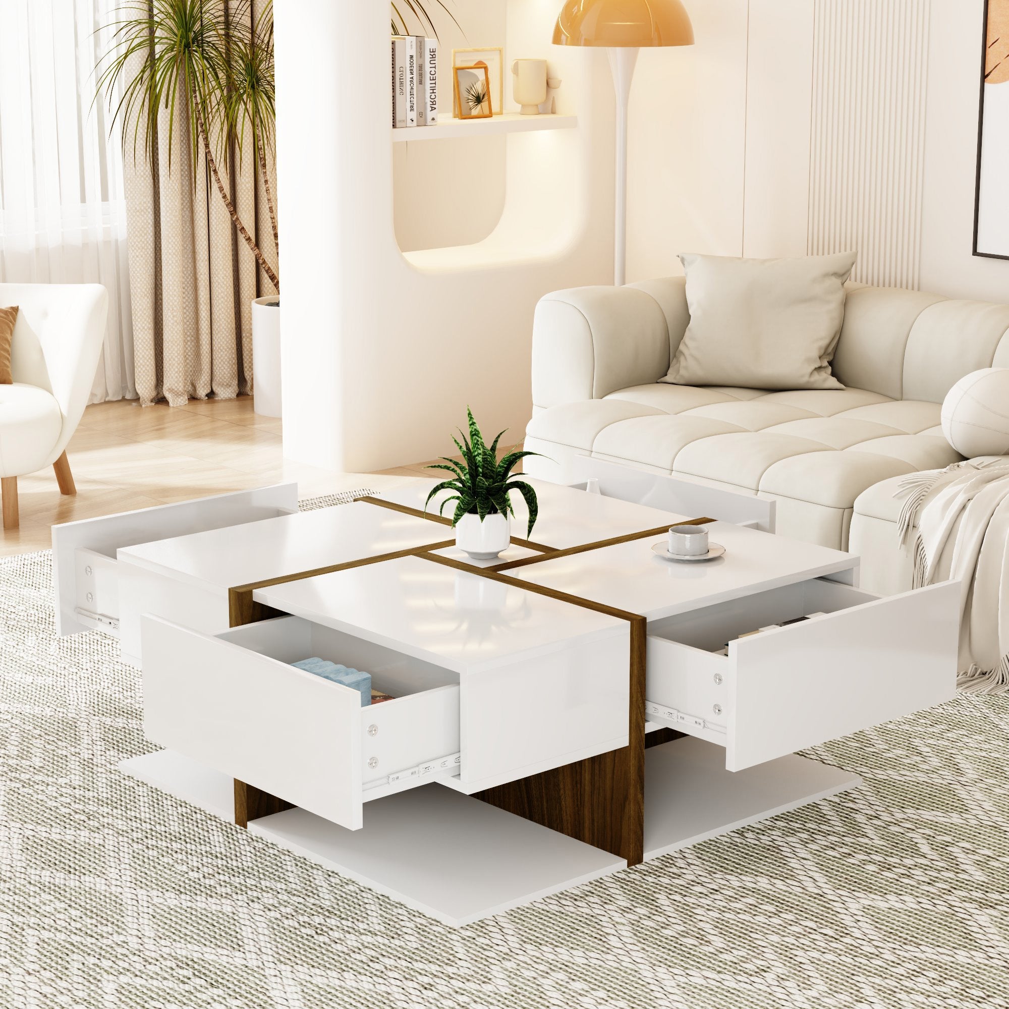 Logidon hoogglans salontafel wit met vier lades 78x78 cm