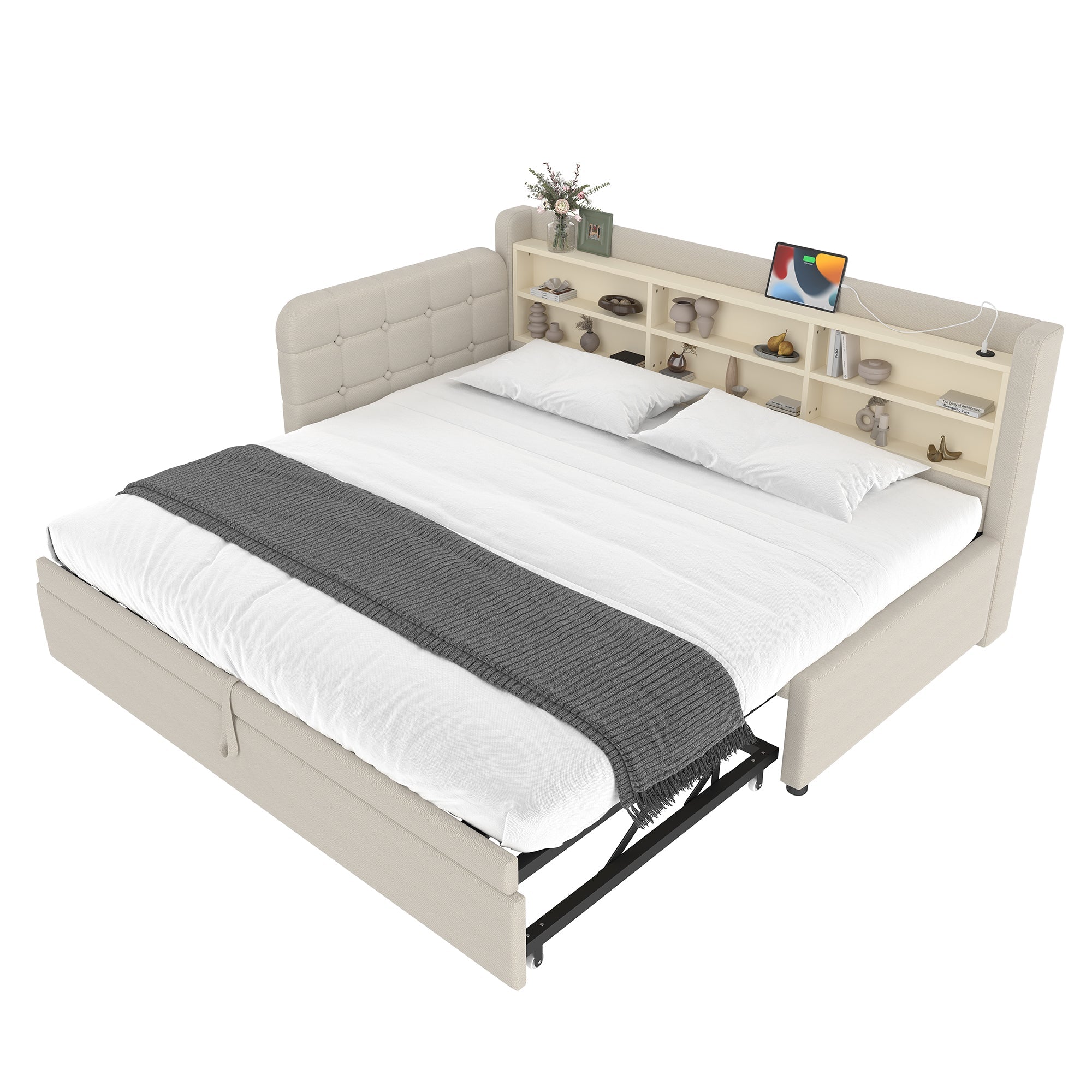 Logidon Daybed 90x200 beige linnen uitschuifbare slaapbank USB Type C
