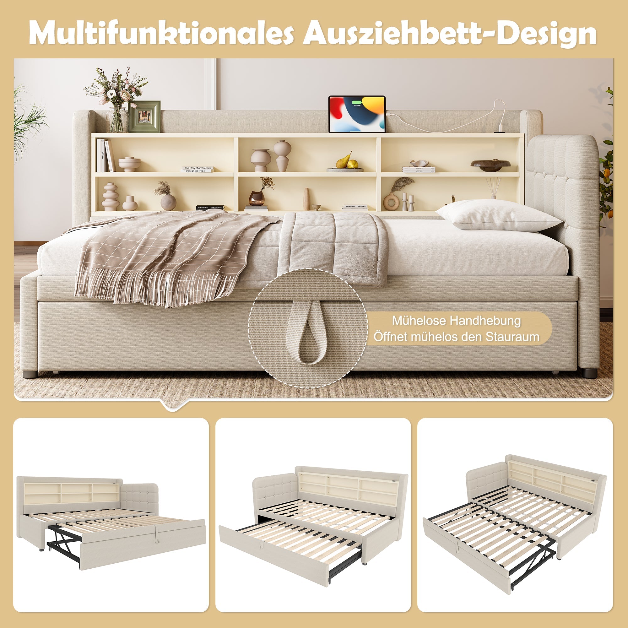 Logidon Daybed 90x200 beige linnen uitschuifbare slaapbank USB Type C