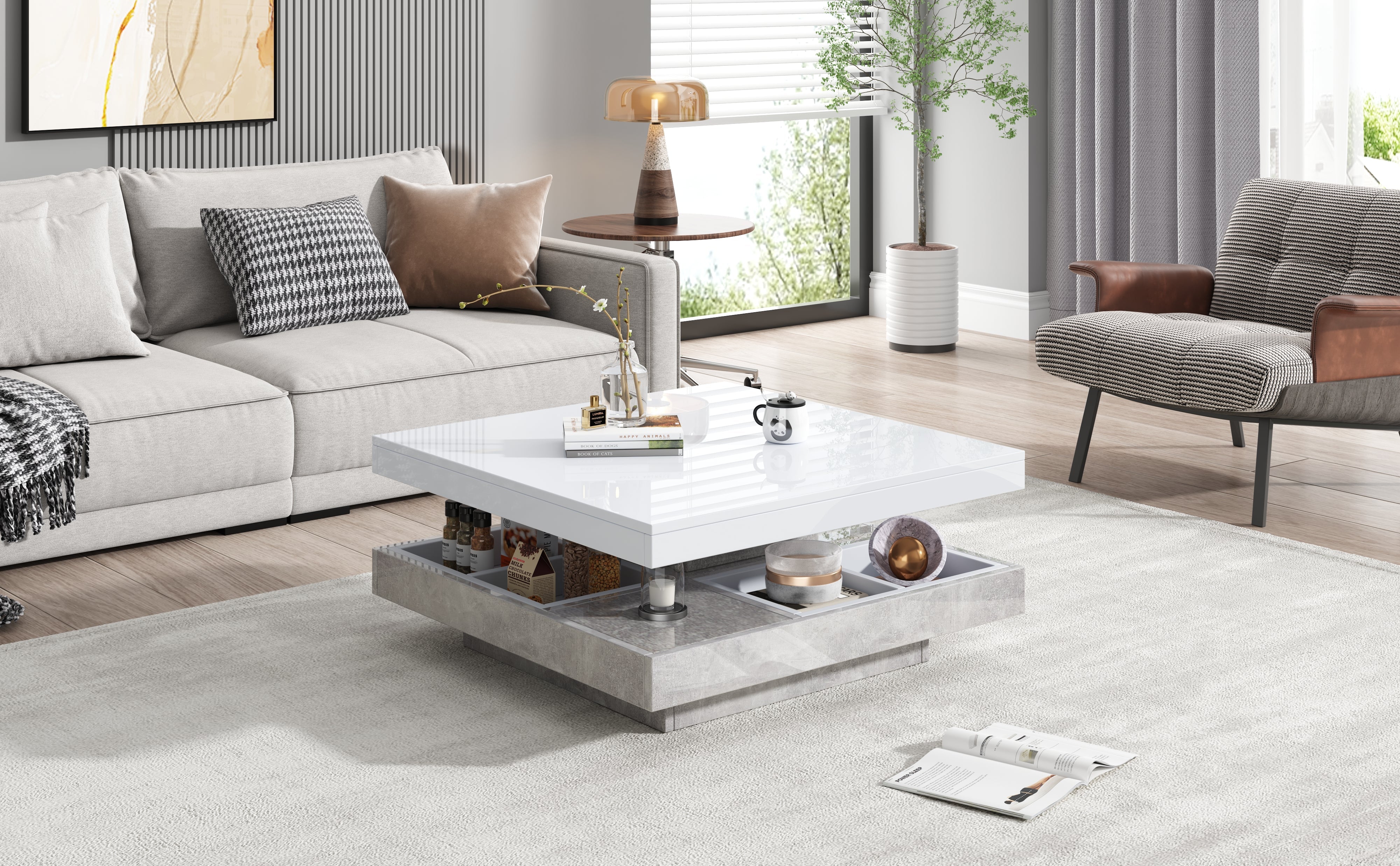 Logidon 360 graden draaibare salontafel 70x70x36 cm wit hoogglans