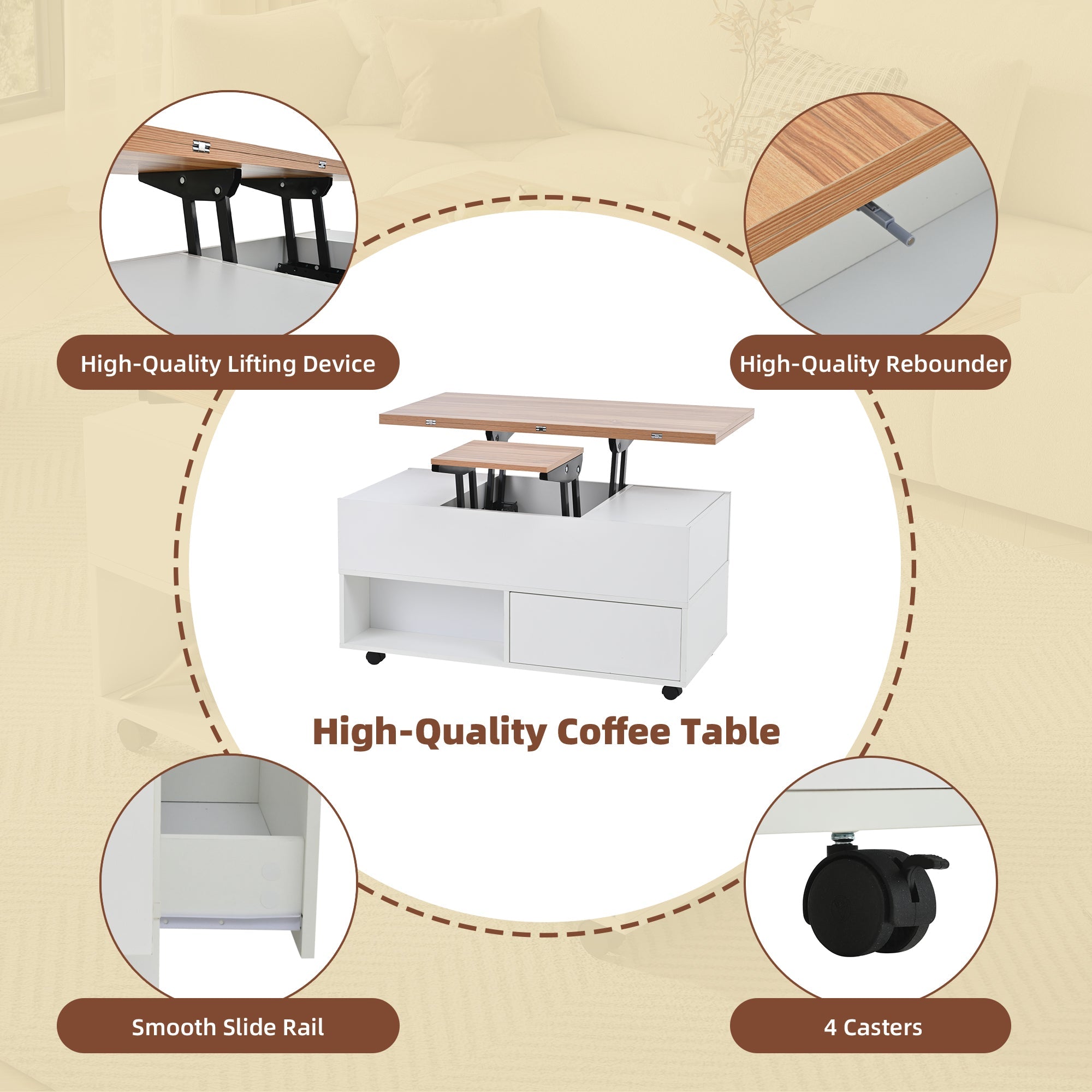 Logidon salontafel Lift Top 100x50 wit houtlook met 4 lades