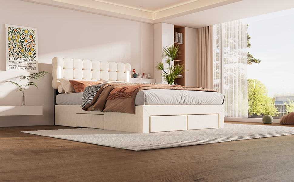 Logidon Flat Bed 140x200 Beige Velvet With Lighting And 4 Drawers
