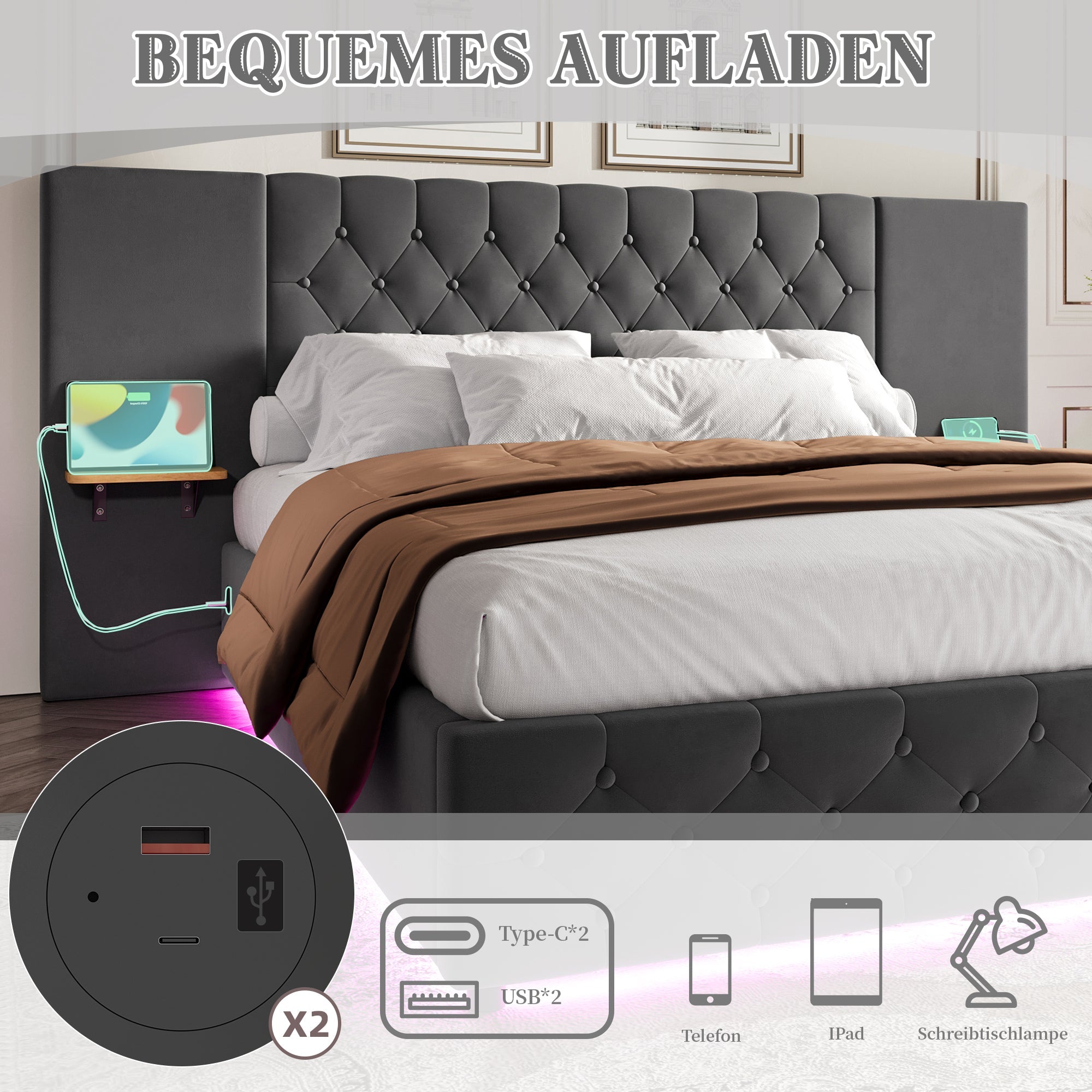 Logidon bedframe 140x200 cm grijs fluweel breed hoofdbord LED