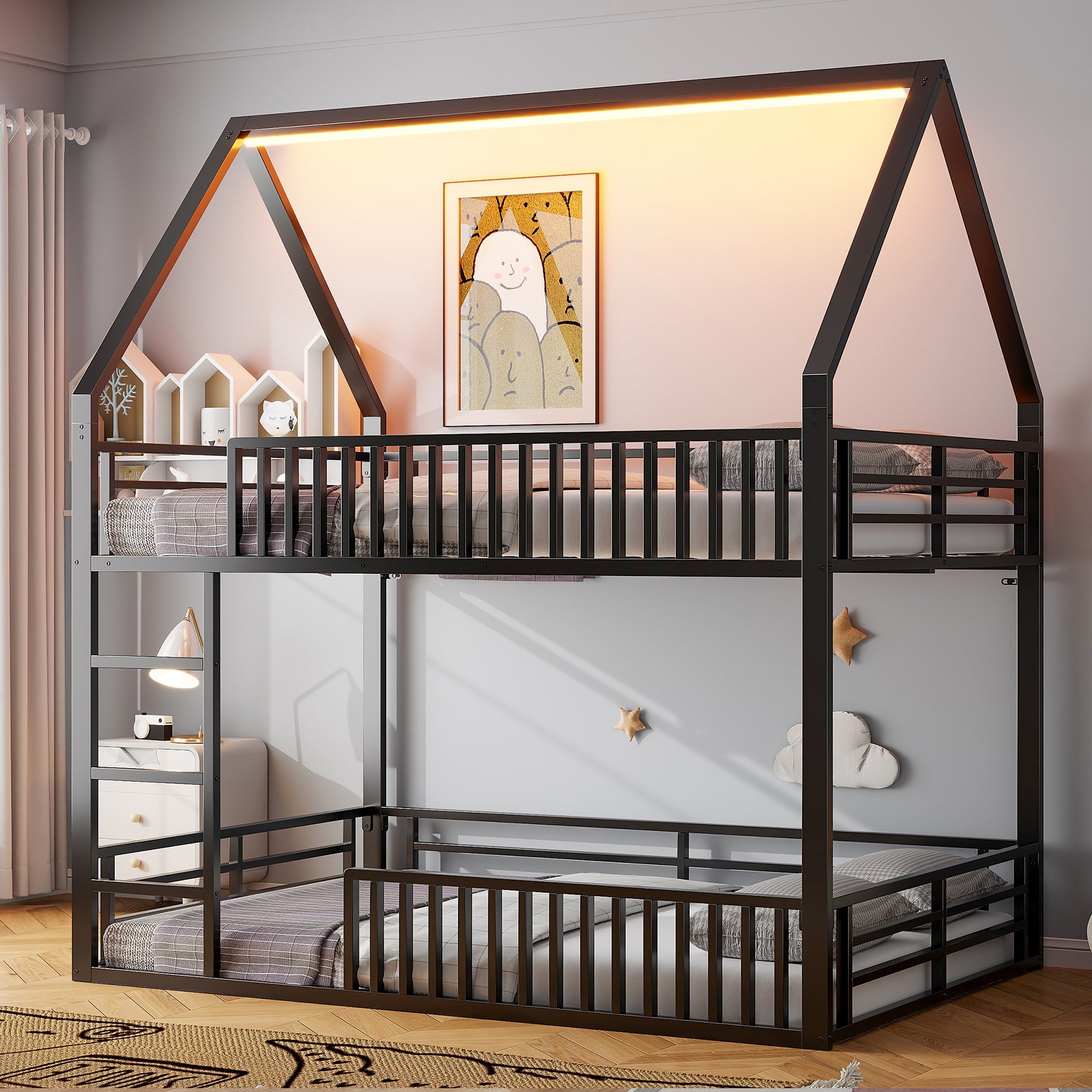 Logidon House stapelbed 140x200 met hekwerk en LED-licht zwart
