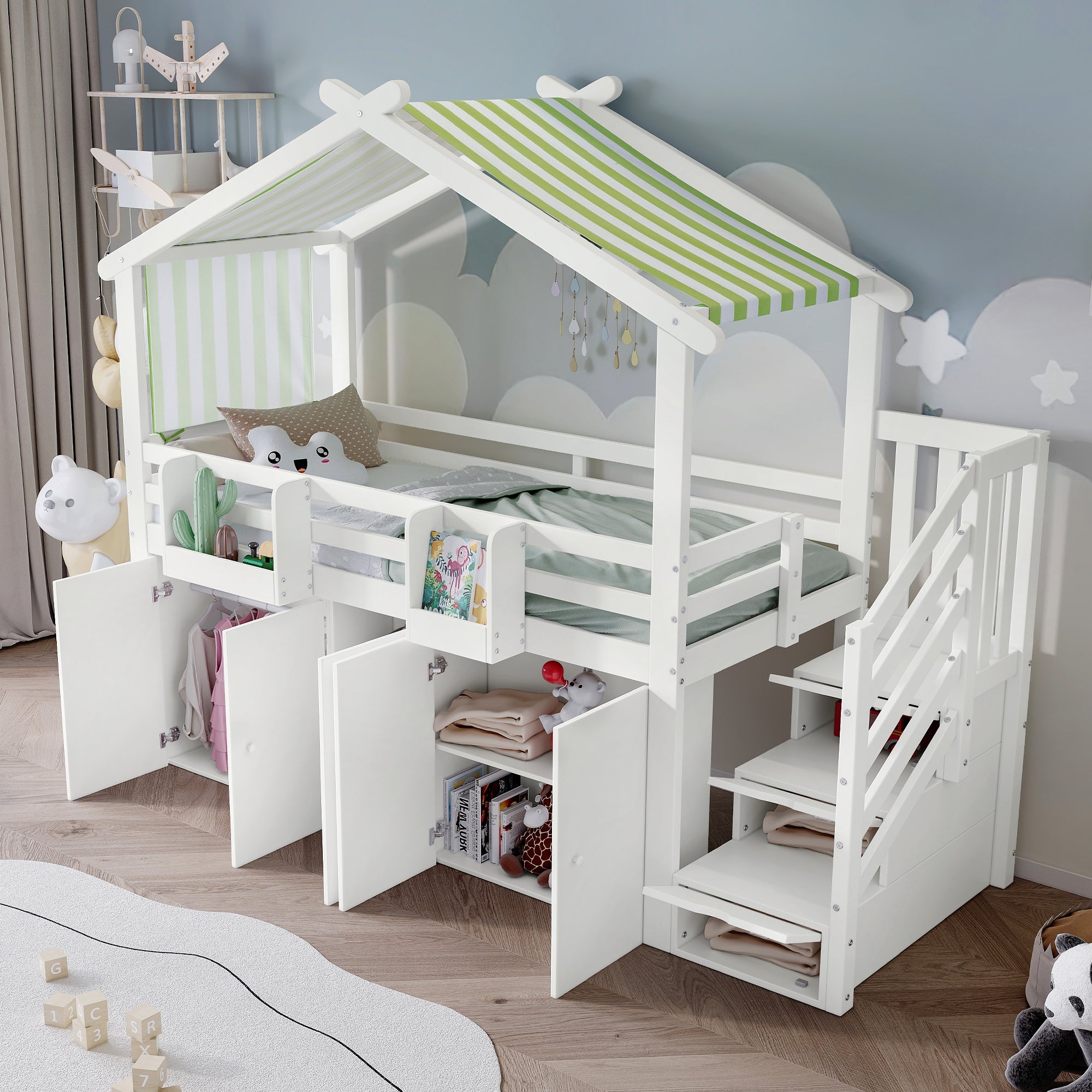 Logidon Kinderstapelbed 90x200 cm witgroen met kledingkast