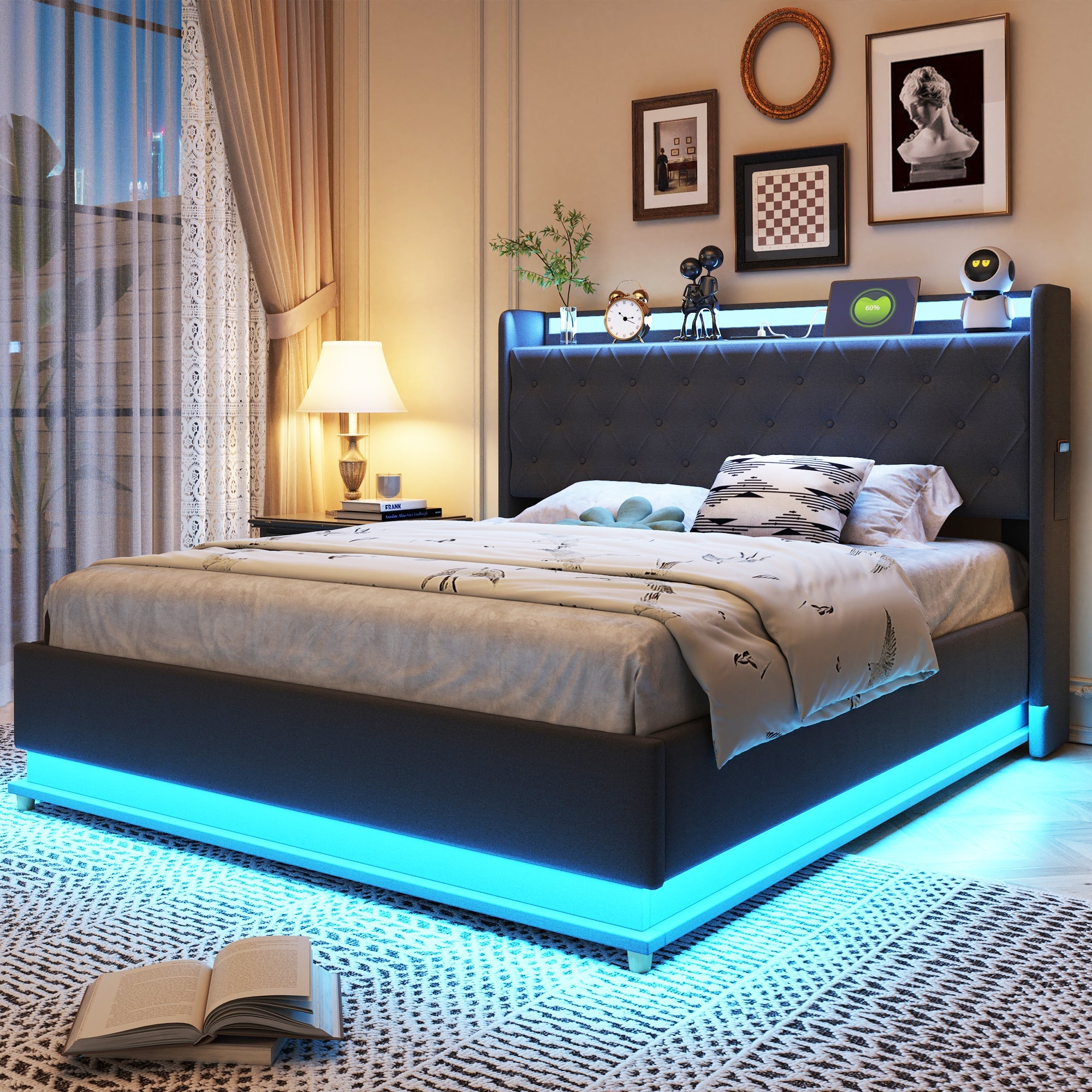 Logidon LED gestoffeerd bed 140x200 grijs met USB-oplaadpoort opbergruimte