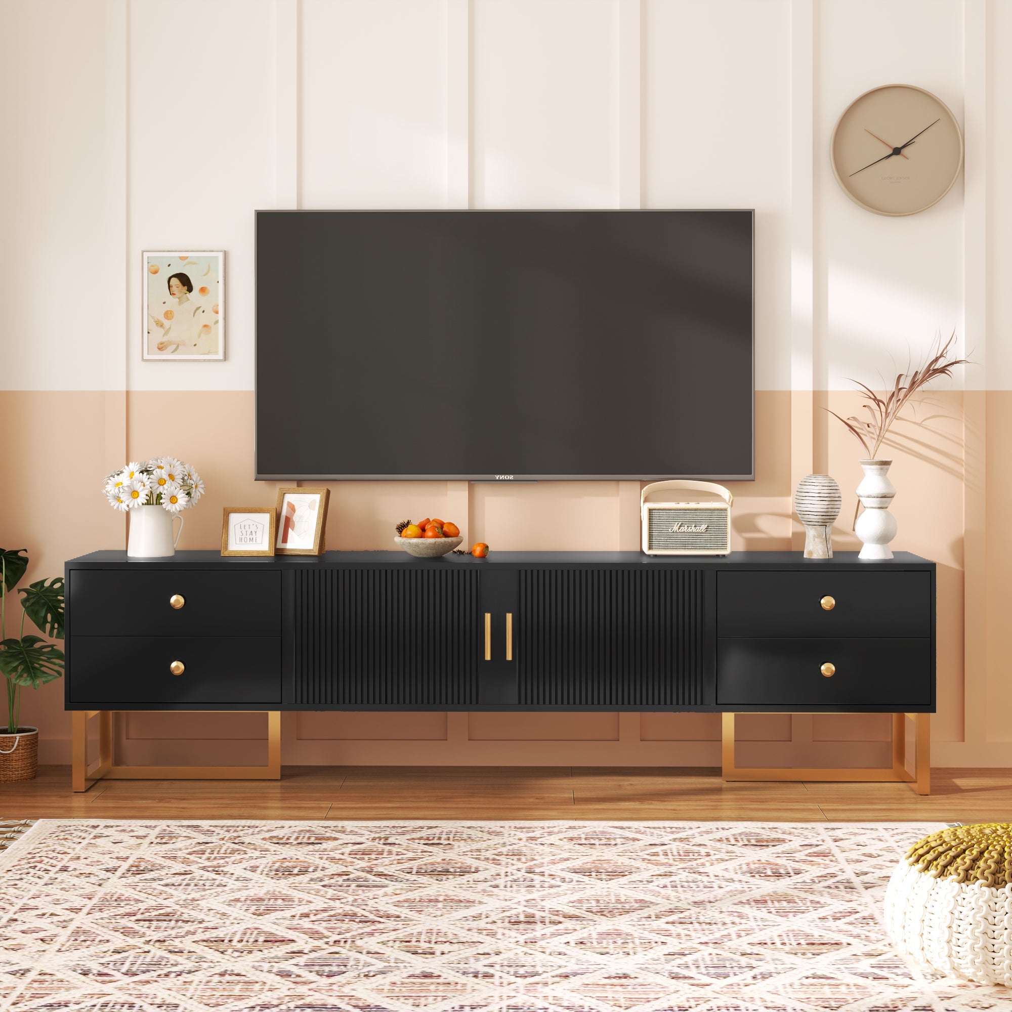 Logidon TV Cabinet Black With Textured Door And Golden Handles