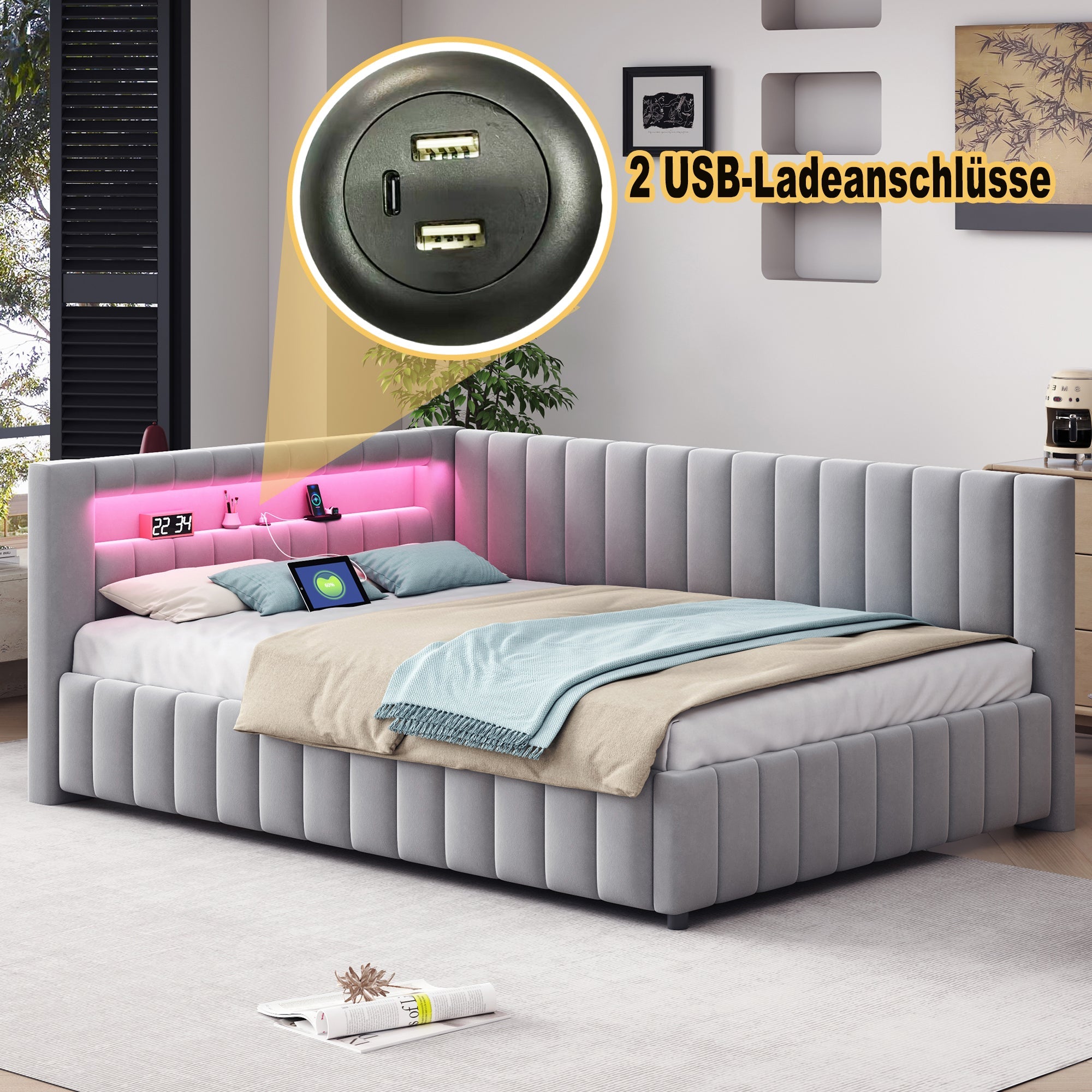 Logidon sofa bed 140x200 gray with LED light and USB charging port