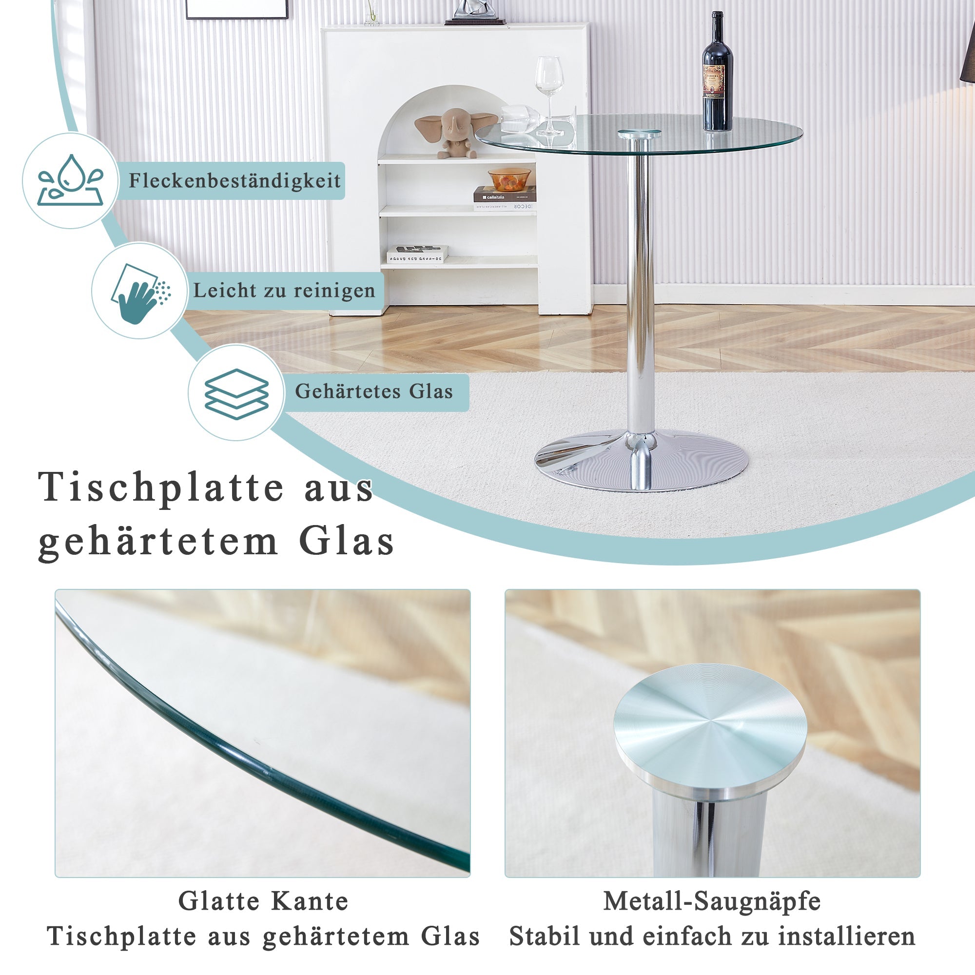 Logidon Moderne Glazen Tafel Rond 89 cm - Transparant metalen onderstel, 92 cm hoog