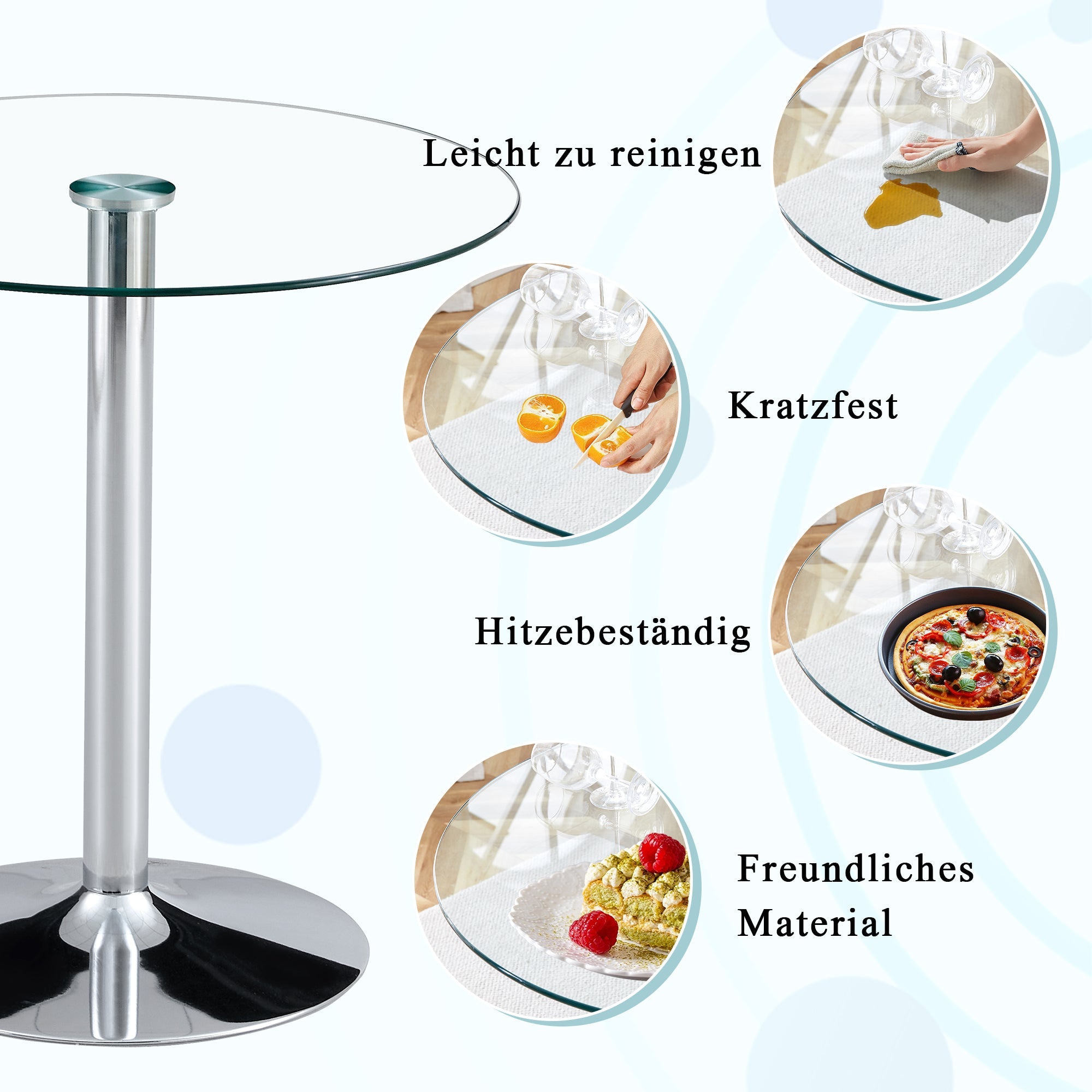 Logidon Moderne Glazen Tafel Rond 89 cm - Transparant metalen onderstel, 92 cm hoog