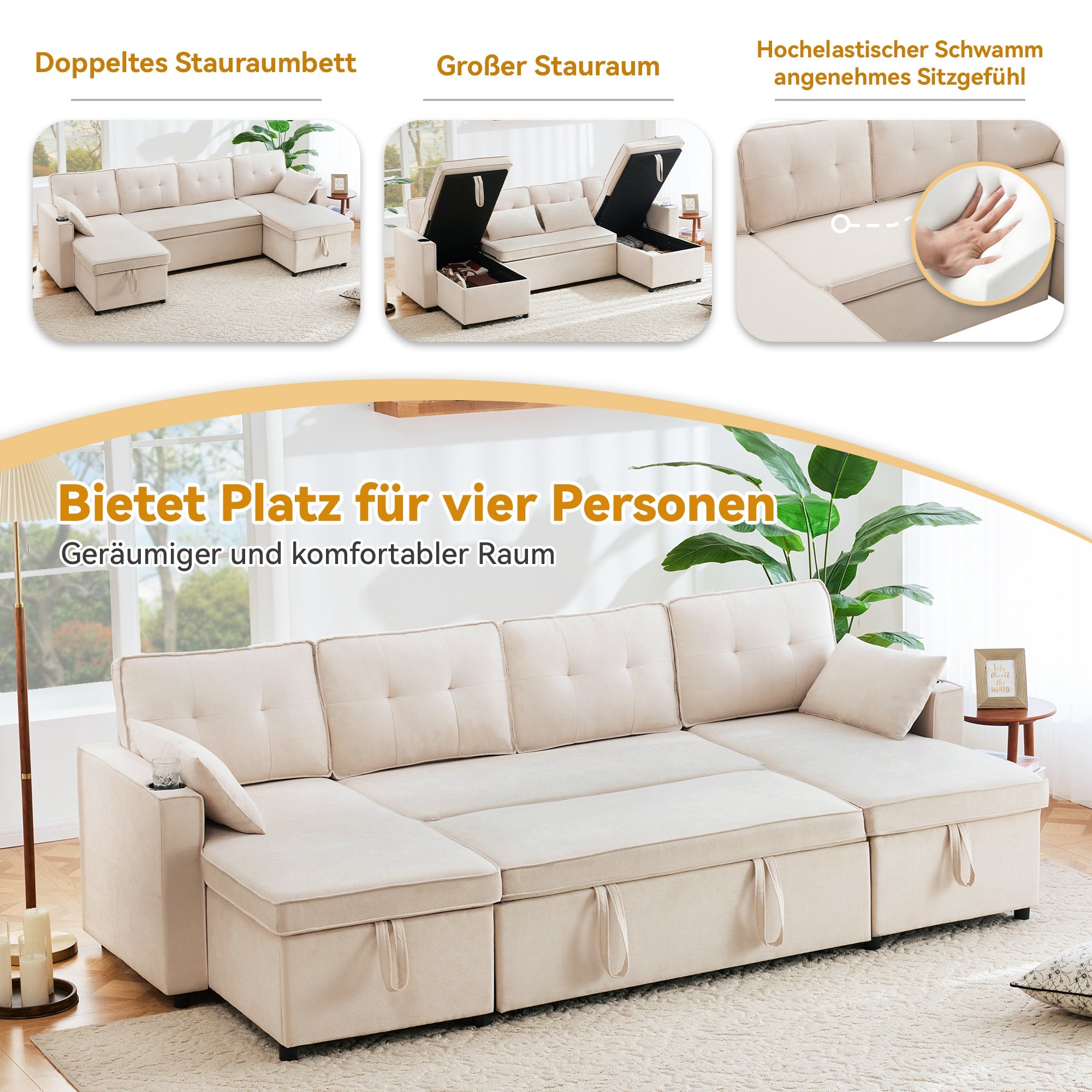 Logidon U-vormige slaapbank, beige stof, grote 4-zits bekerhouder