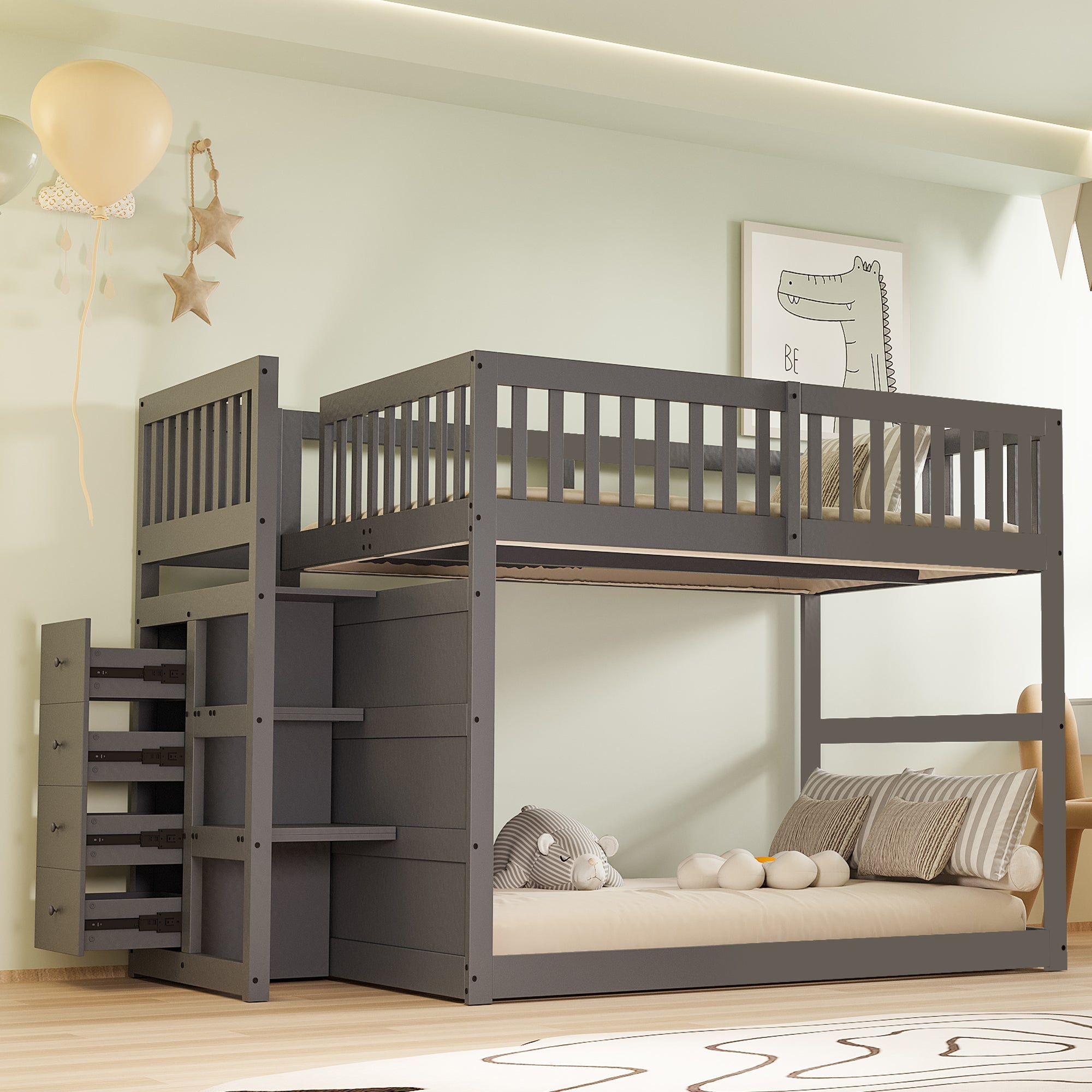 Logidon laag stapelbed 140x200 grijs veiligheidsstapelbed