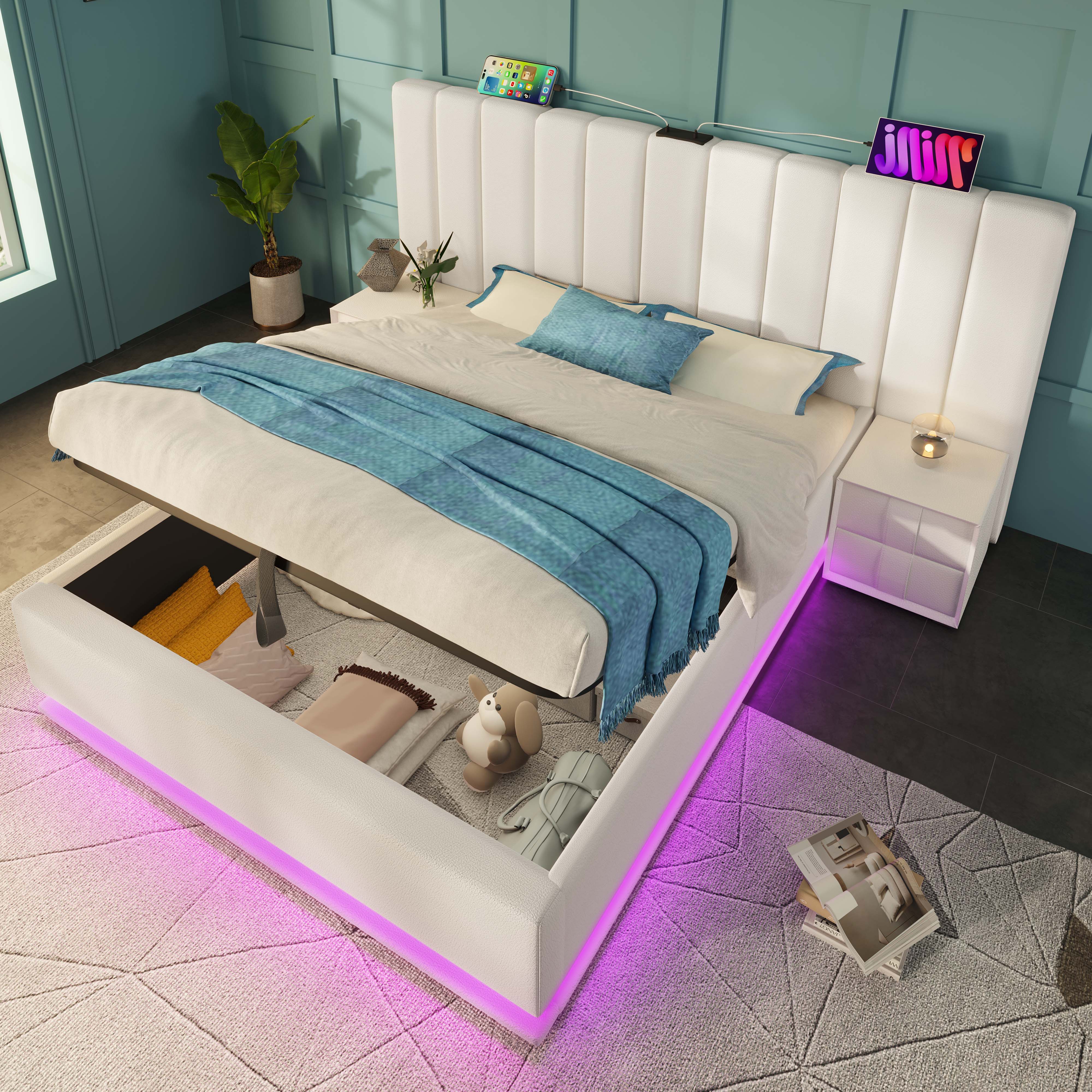 Logidon gestoffeerd bed 180x200 wit met app LED USB C oplaadfunctie