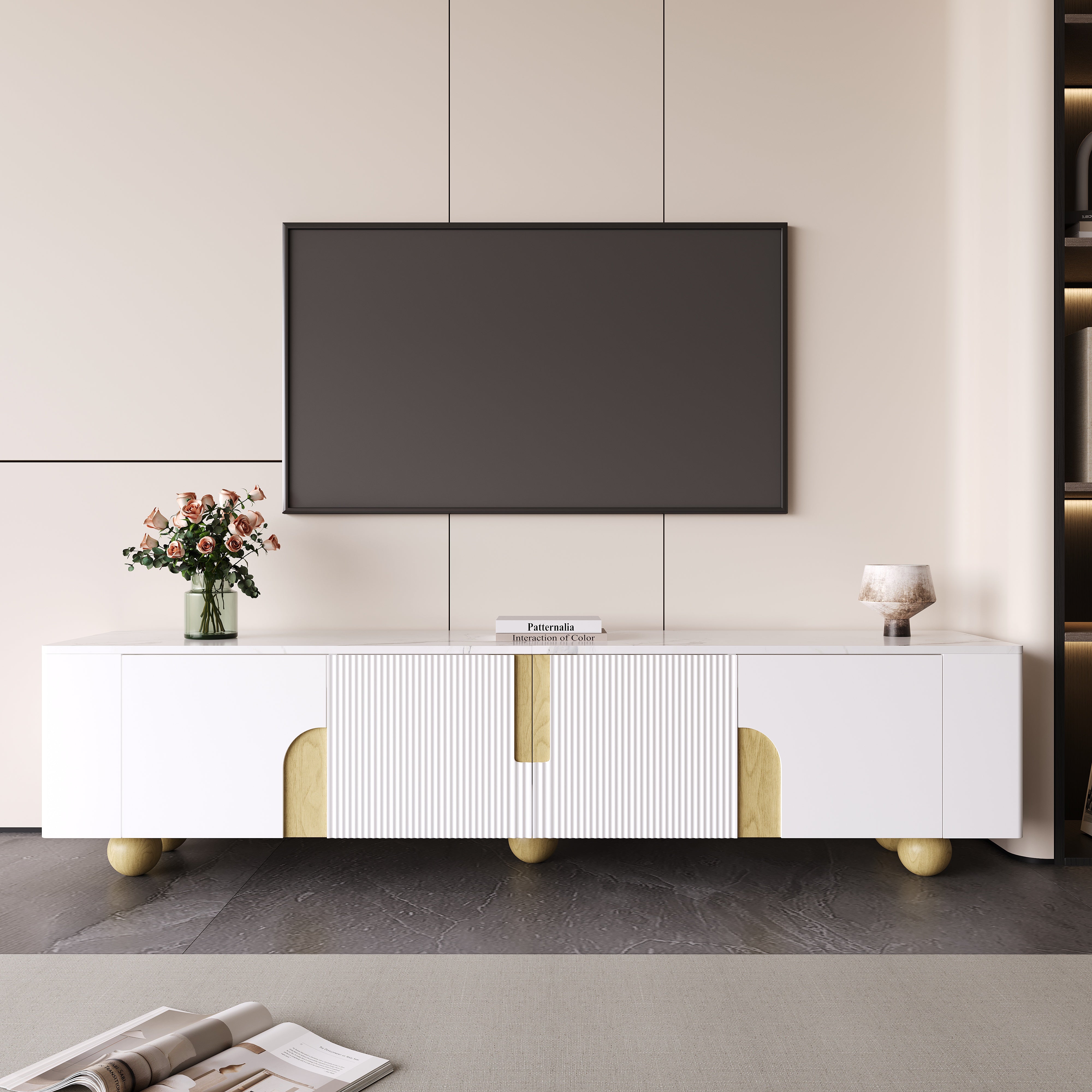 Logidon Wit TV-meubel 180 cm - 4 deuren, marmerlook, houten poten