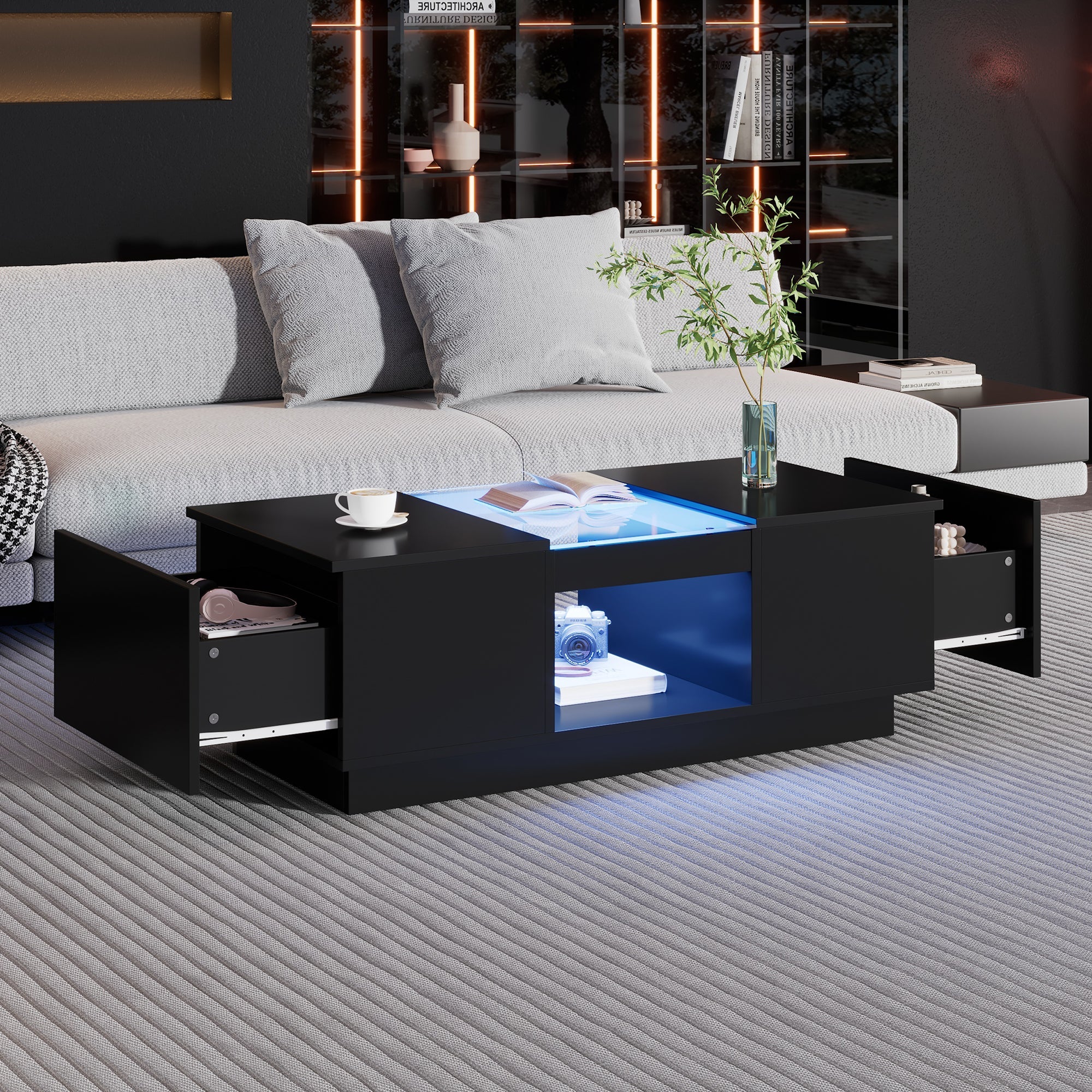 Logidon Zwarte salontafel 100x50x35,5 cm glaspanelen LED