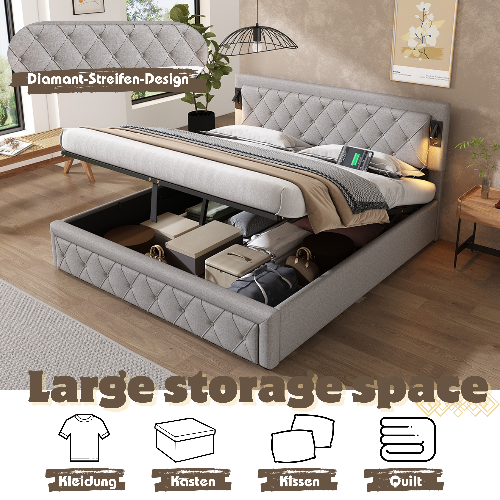 Logidon gestoffeerd bed 180x200 grijs linnen met inbouwspot en USB