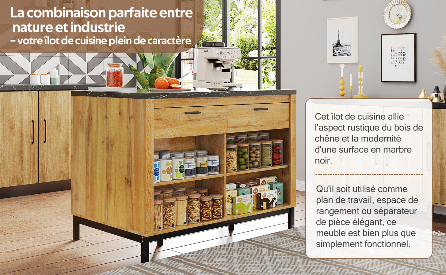 Logidon kitchen island country house style 120x75x90 cm with 2 drawers and 4 shelves