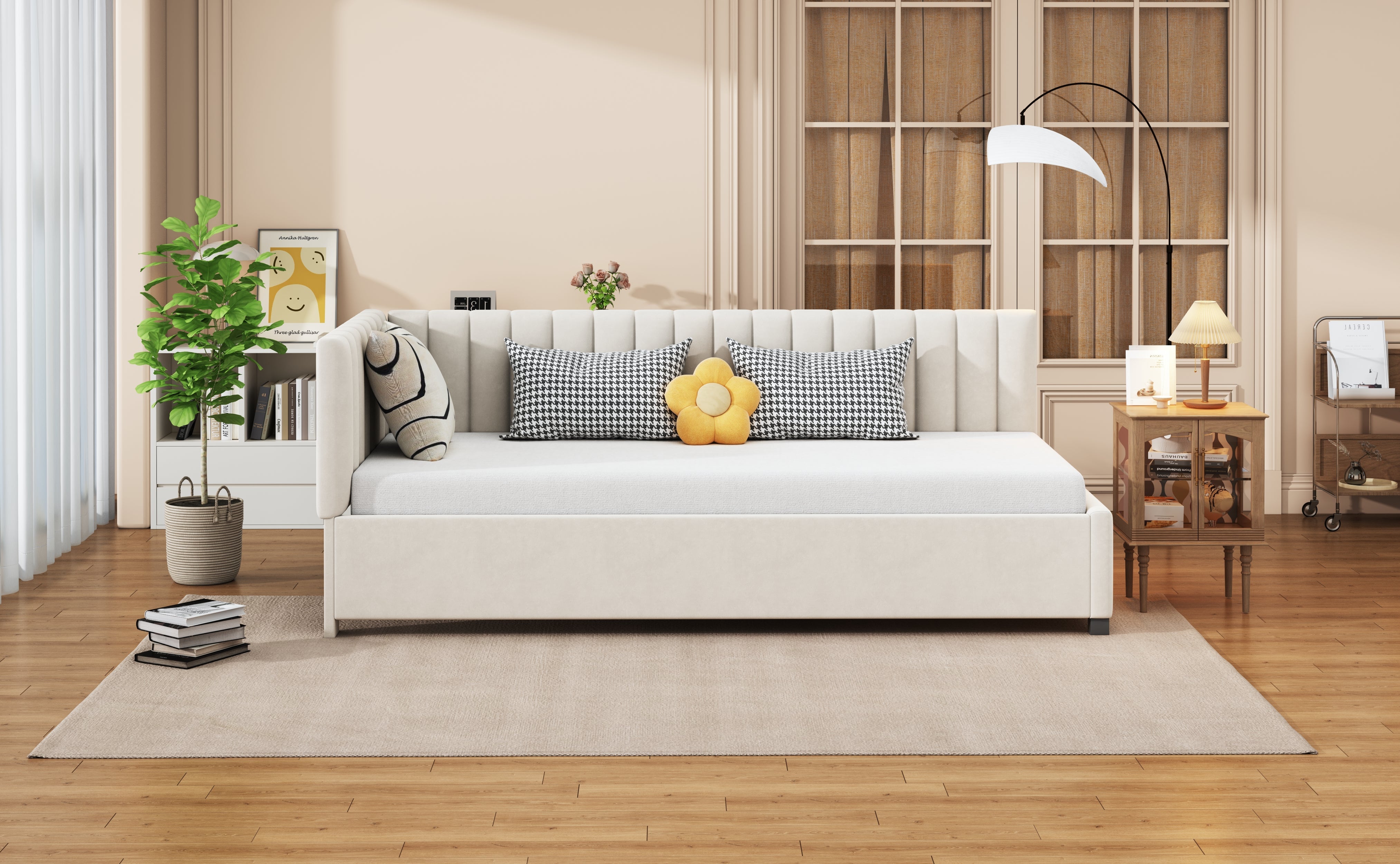 Logidon upholstered bed 90x200 multifunctional bed with slatted frame beige velvet
