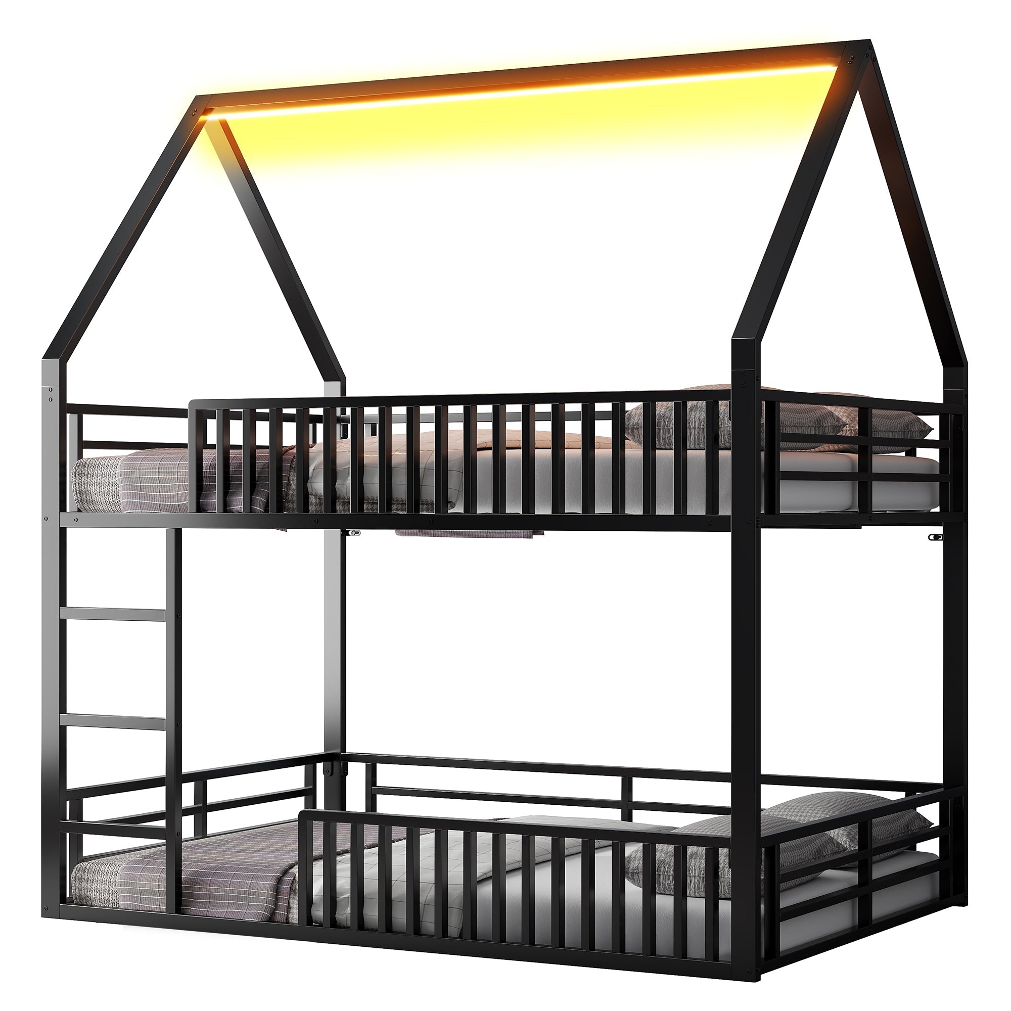 Logidon House stapelbed 140x200 met hekwerk en LED-licht zwart