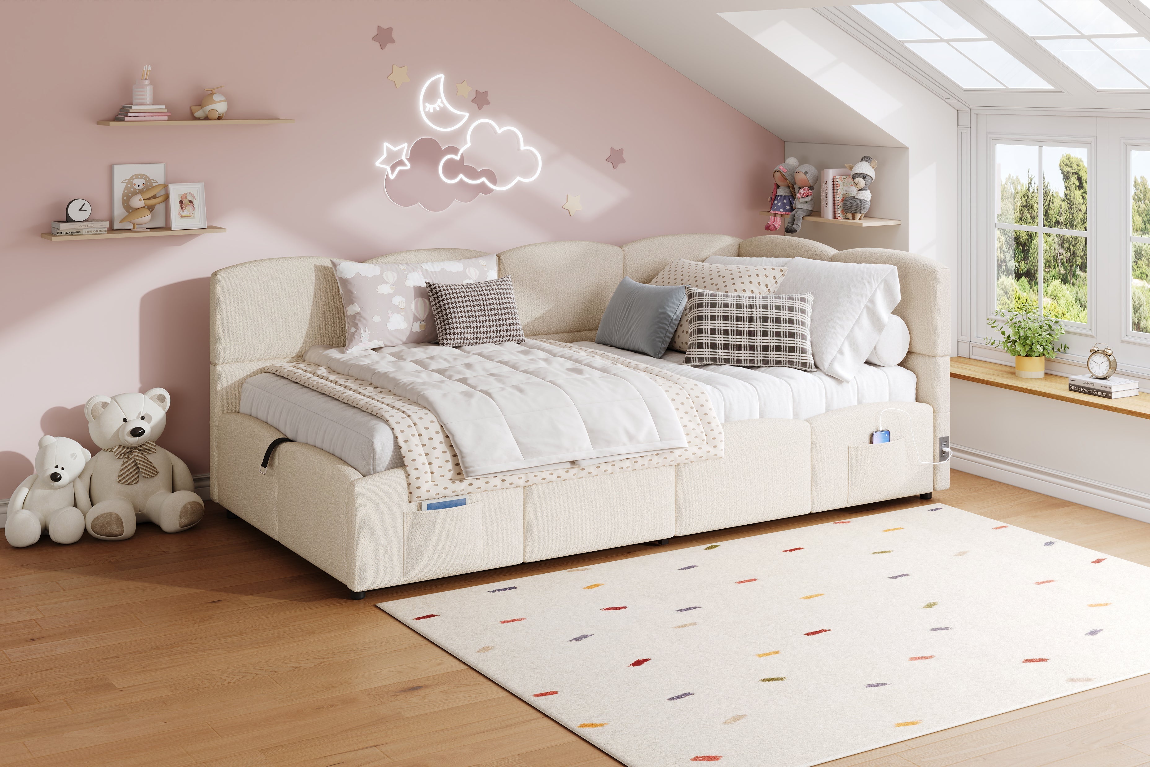 Logidon gestoffeerd bed 90x200 opbergbed slaapbank beige bouclé USB
