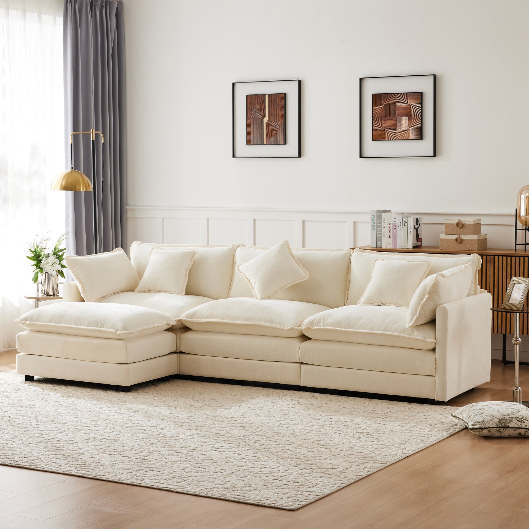 Logidon Driezitsbank Beige Chenille Met Voetensteun