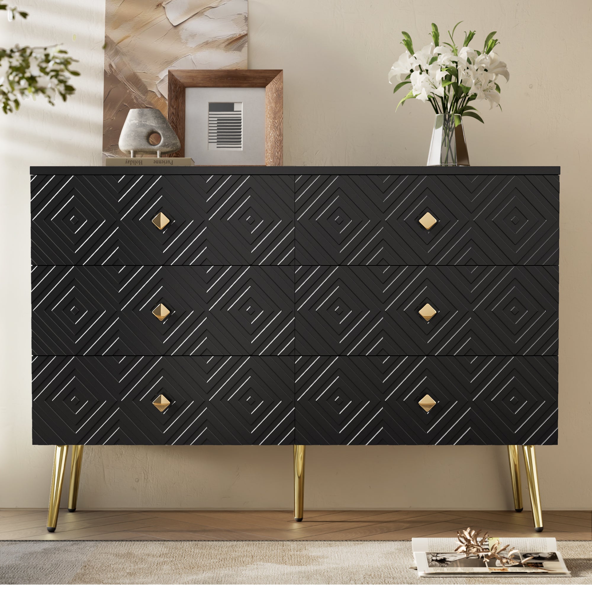 Logidon Ladekast 6 lades zwart goud moderne stijl 120x40x80 cm