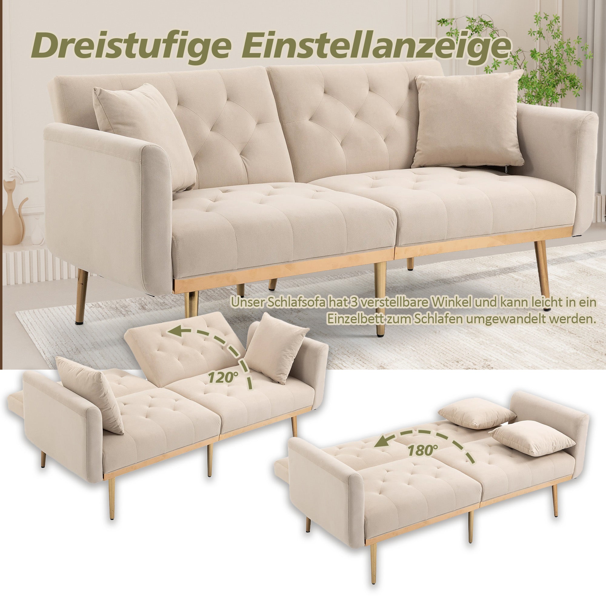 Logidon 3-zits slaapbank fluweelbeige verstelbare rugleuning