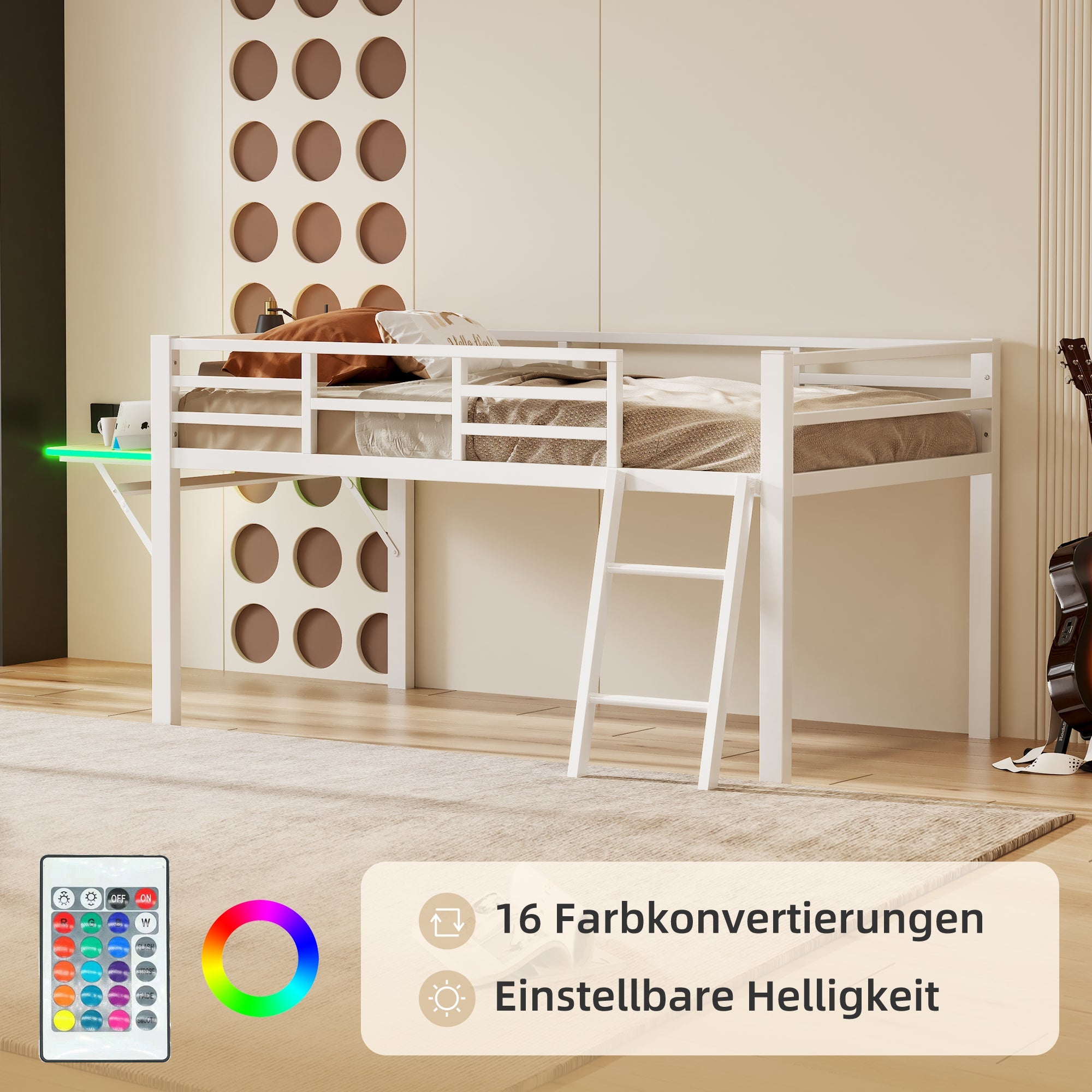 Logidon flat bed 90 x 200 cm metal bed white with railing ladder LED