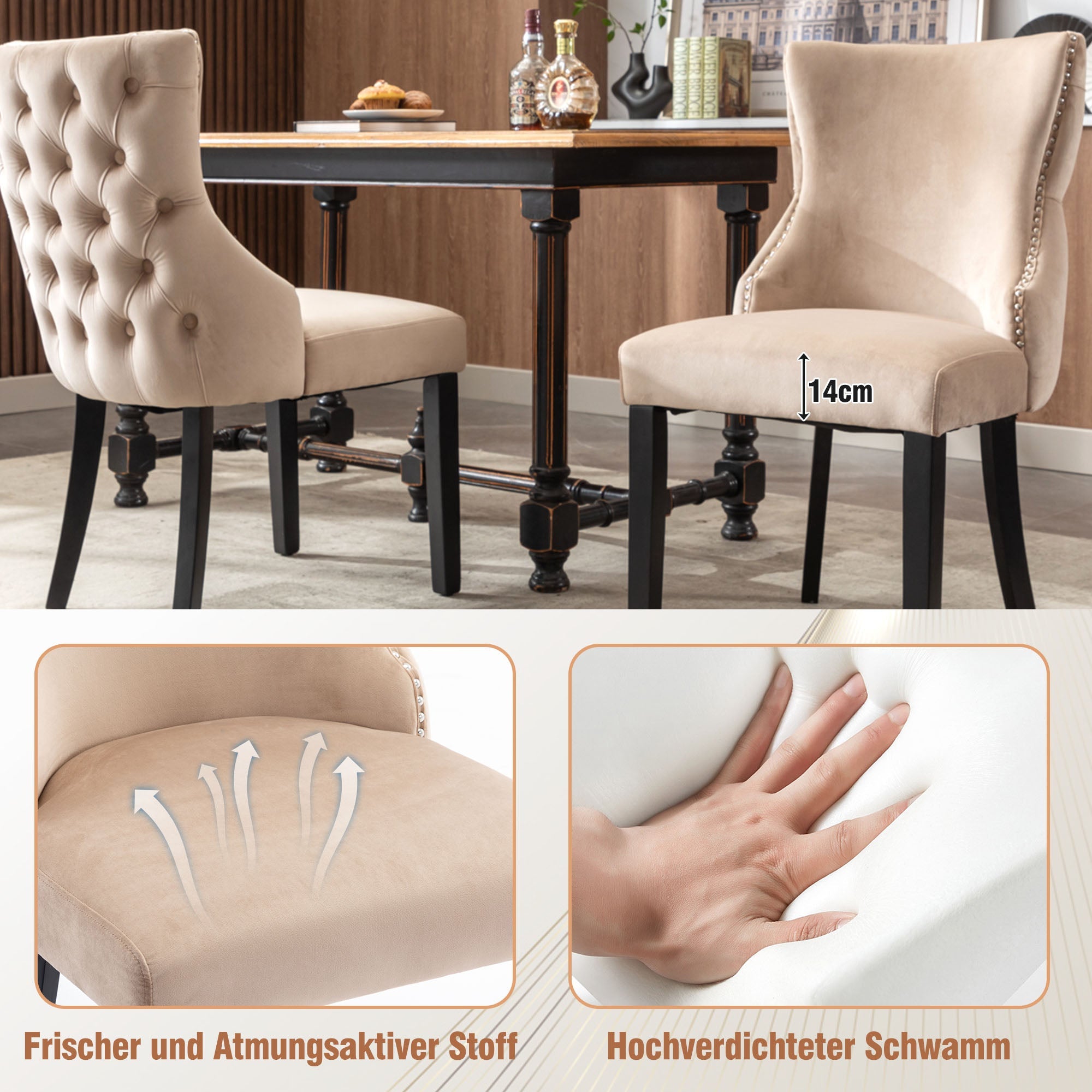 Logidon fluwelen eettafelstoel beige massief hout 1,20 meter knoopquilt