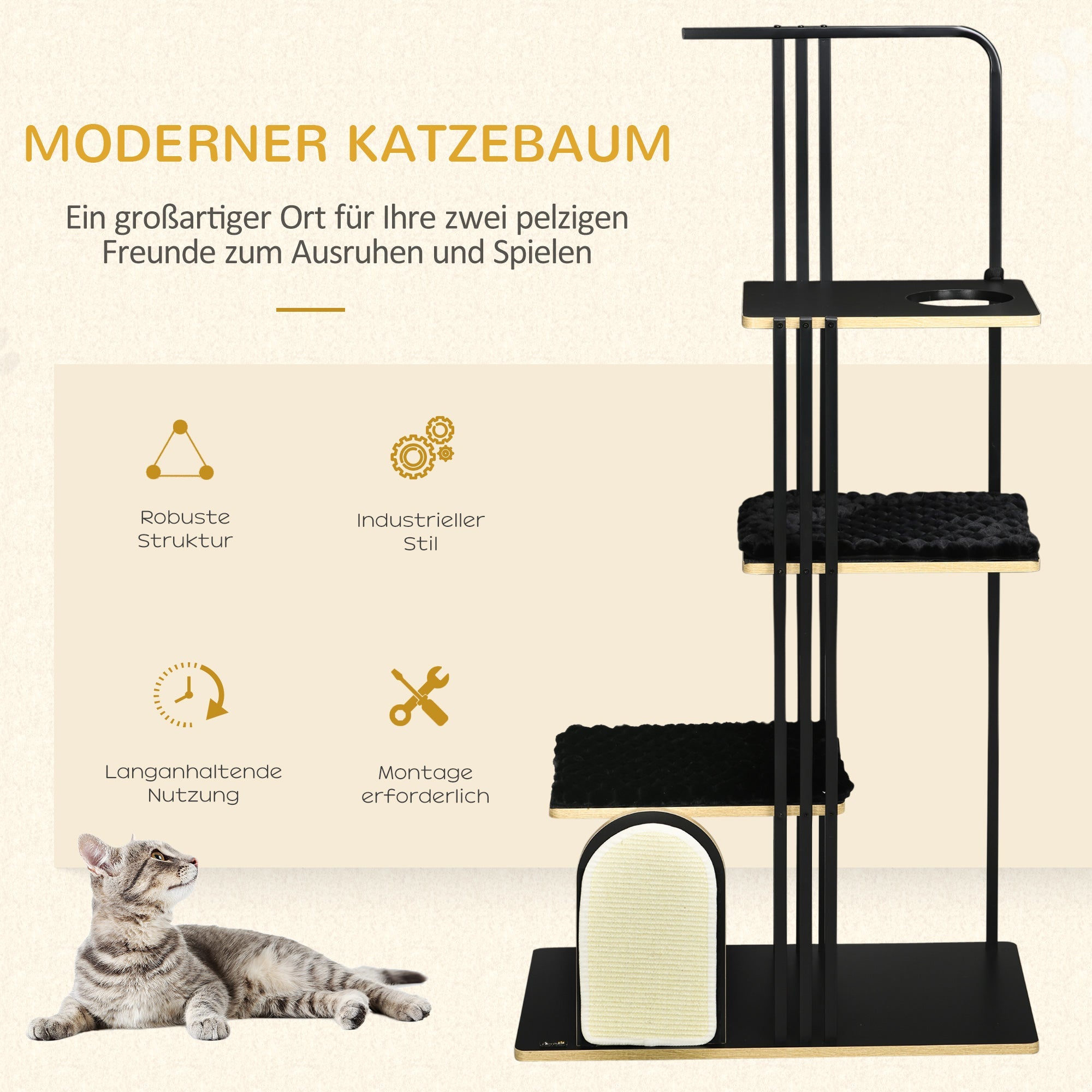 Logidon Krabpaal 170 cm Zwart Krabpaal met Kussen 3 Platforms