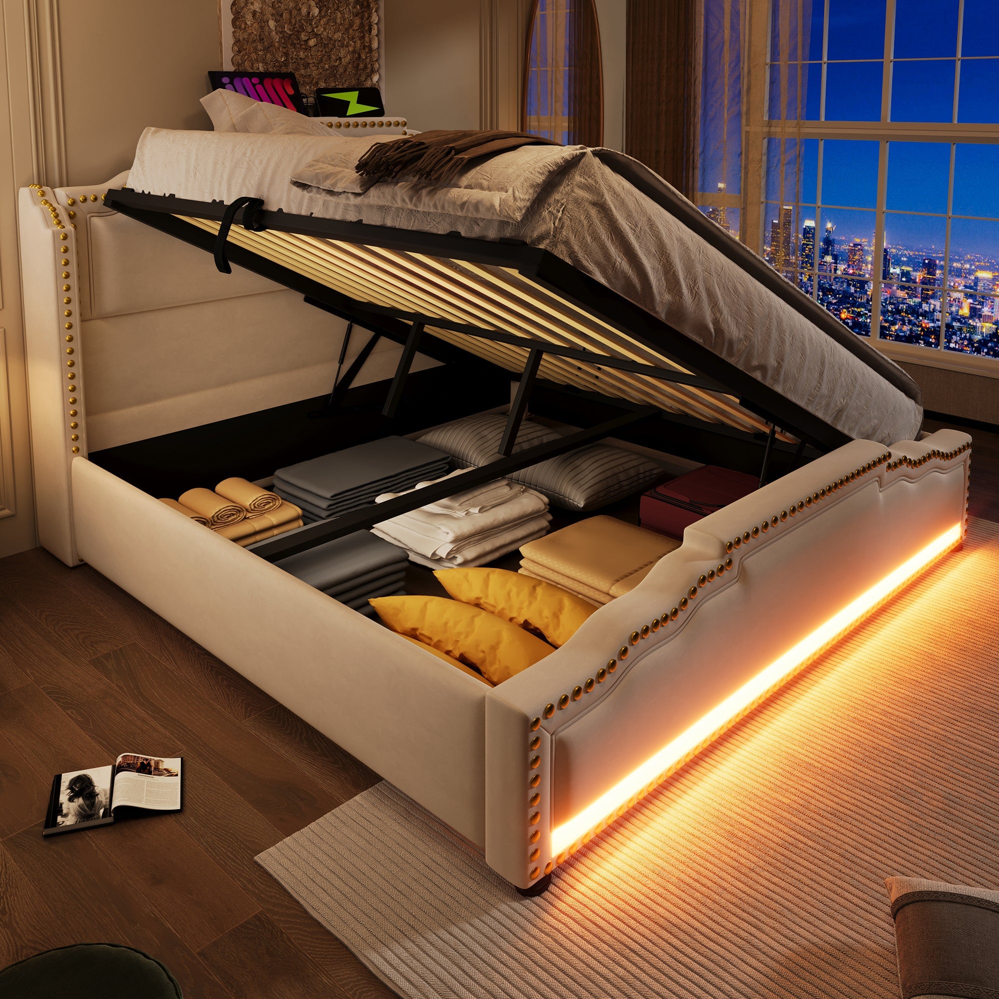 Logidon gestoffeerd bed 140x200 beige met opbergruimte LED USB-C