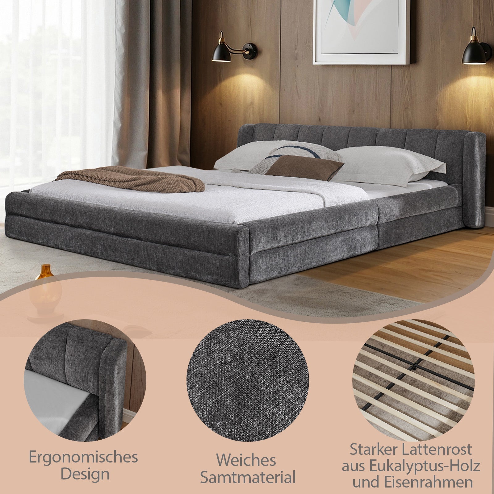 Logidon tweepersoonsbed 140x200 cm donkergrijs chenille met rugleuning