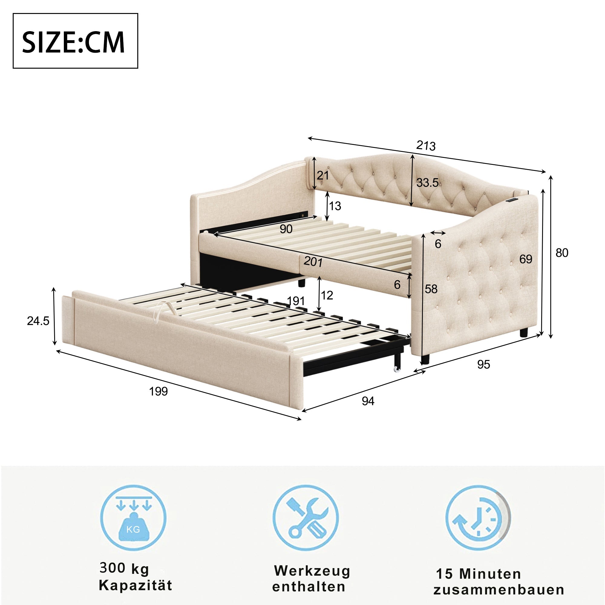 Logidon uitschuifbare slaapbank 90x200 beige met USB-poort