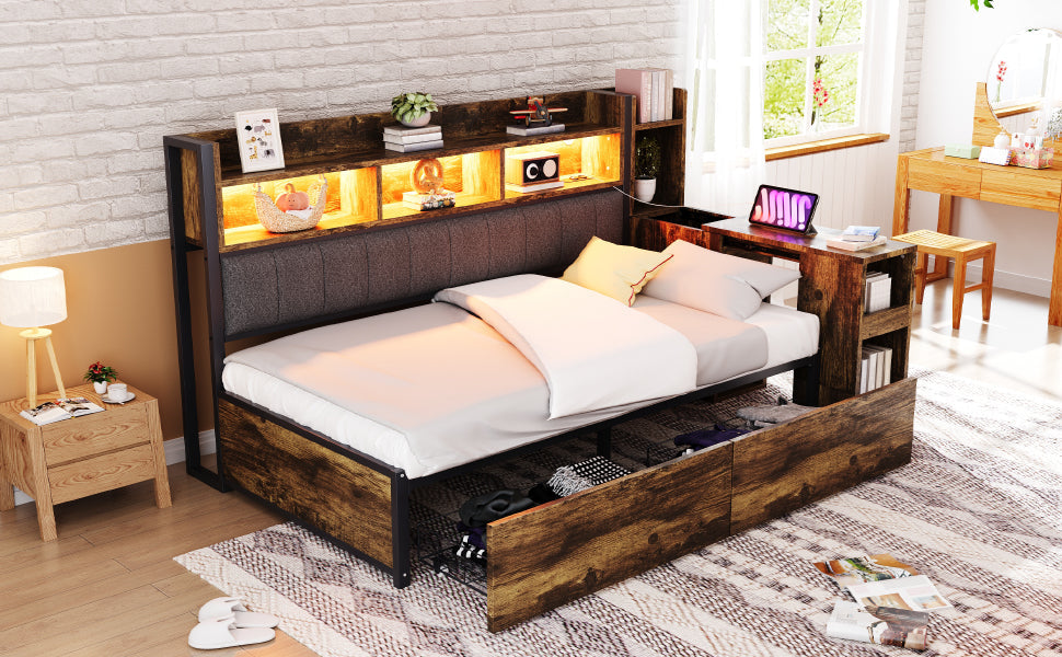 Logidon ijzeren slaapbank 90 x 200 cm houtlook opbergruimte LED