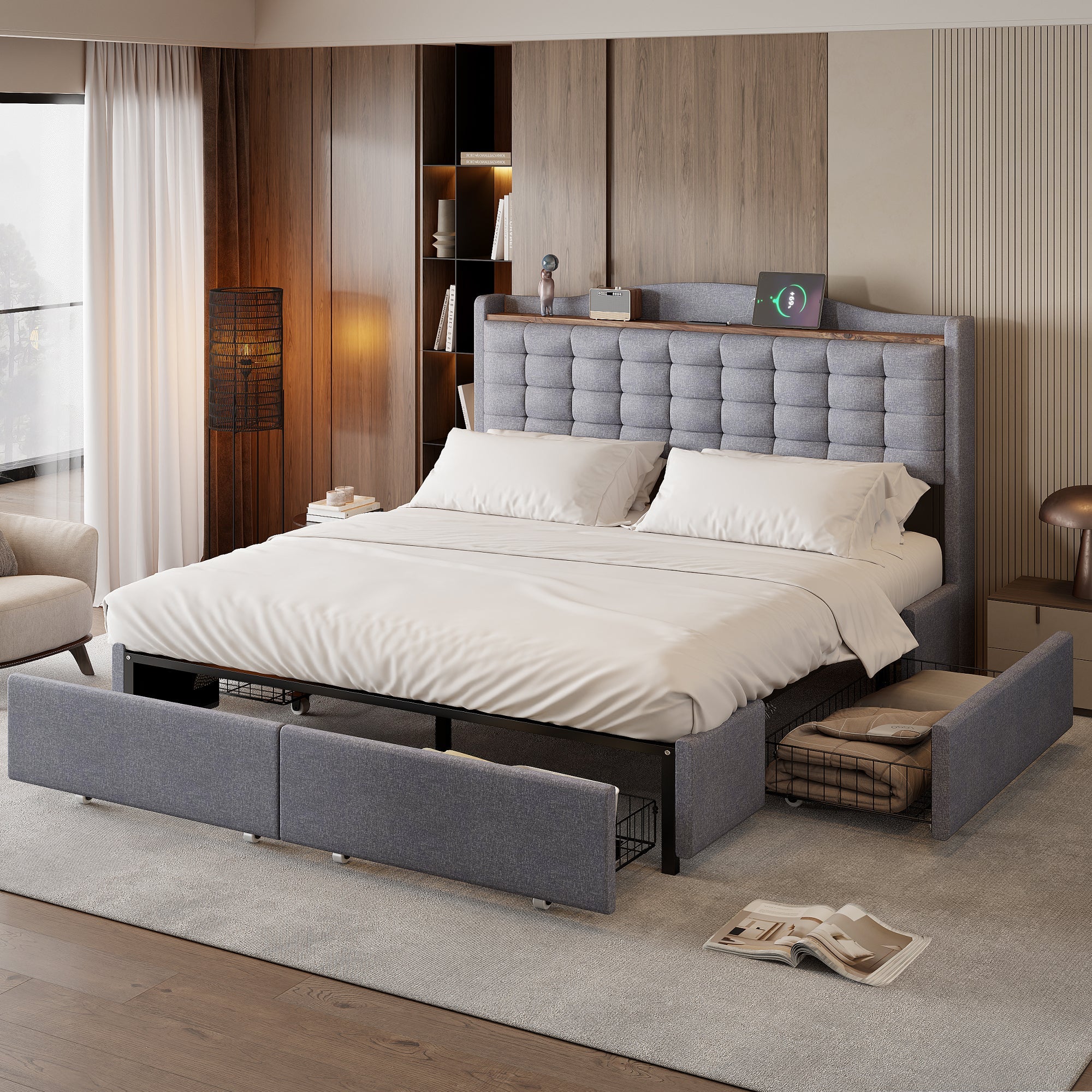 Logidon gestoffeerd bed 160x200 grijs USB-oplaadpoort