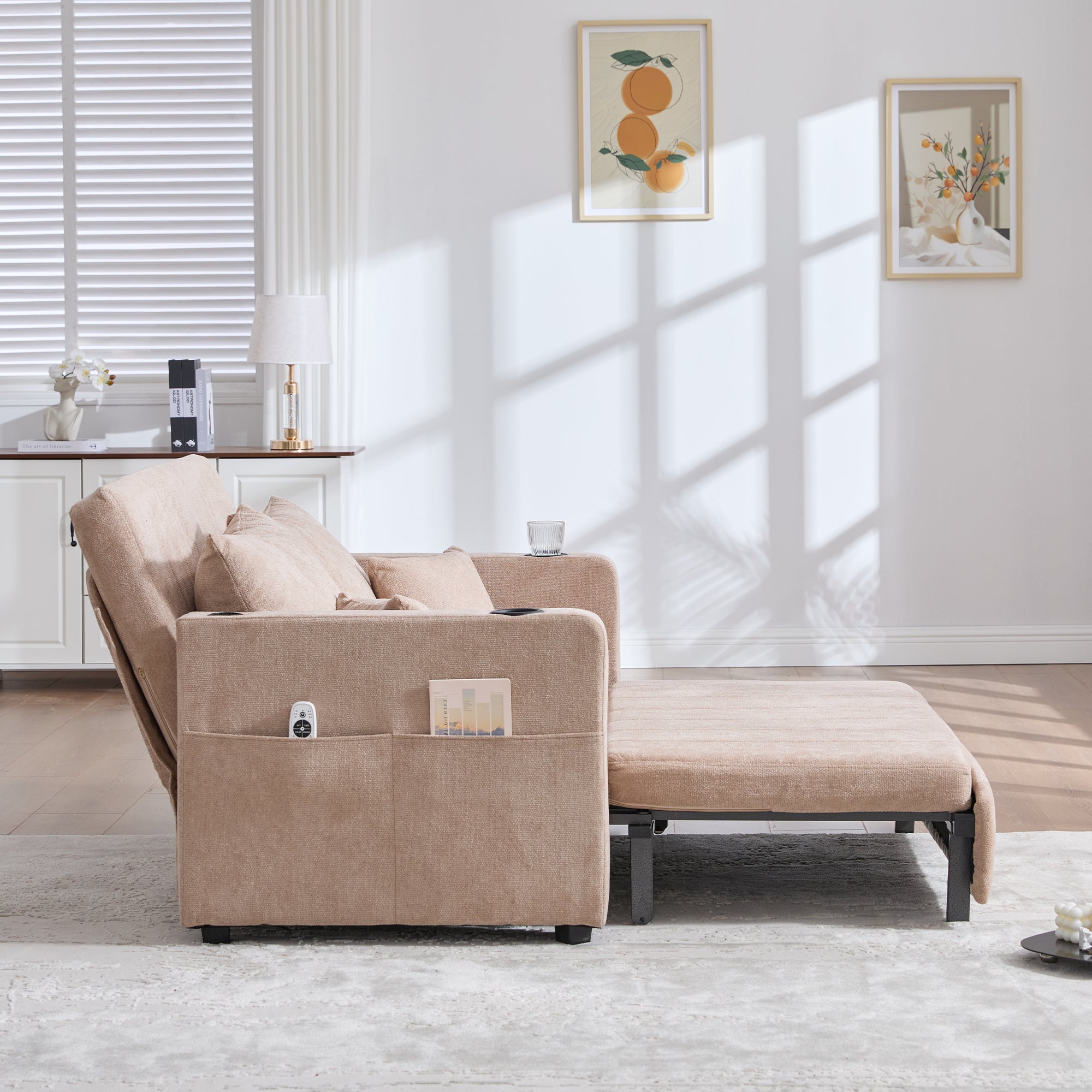 Logidon multifunctionele stoffen bank Khaki Velvet met USB-oplaadfunctie