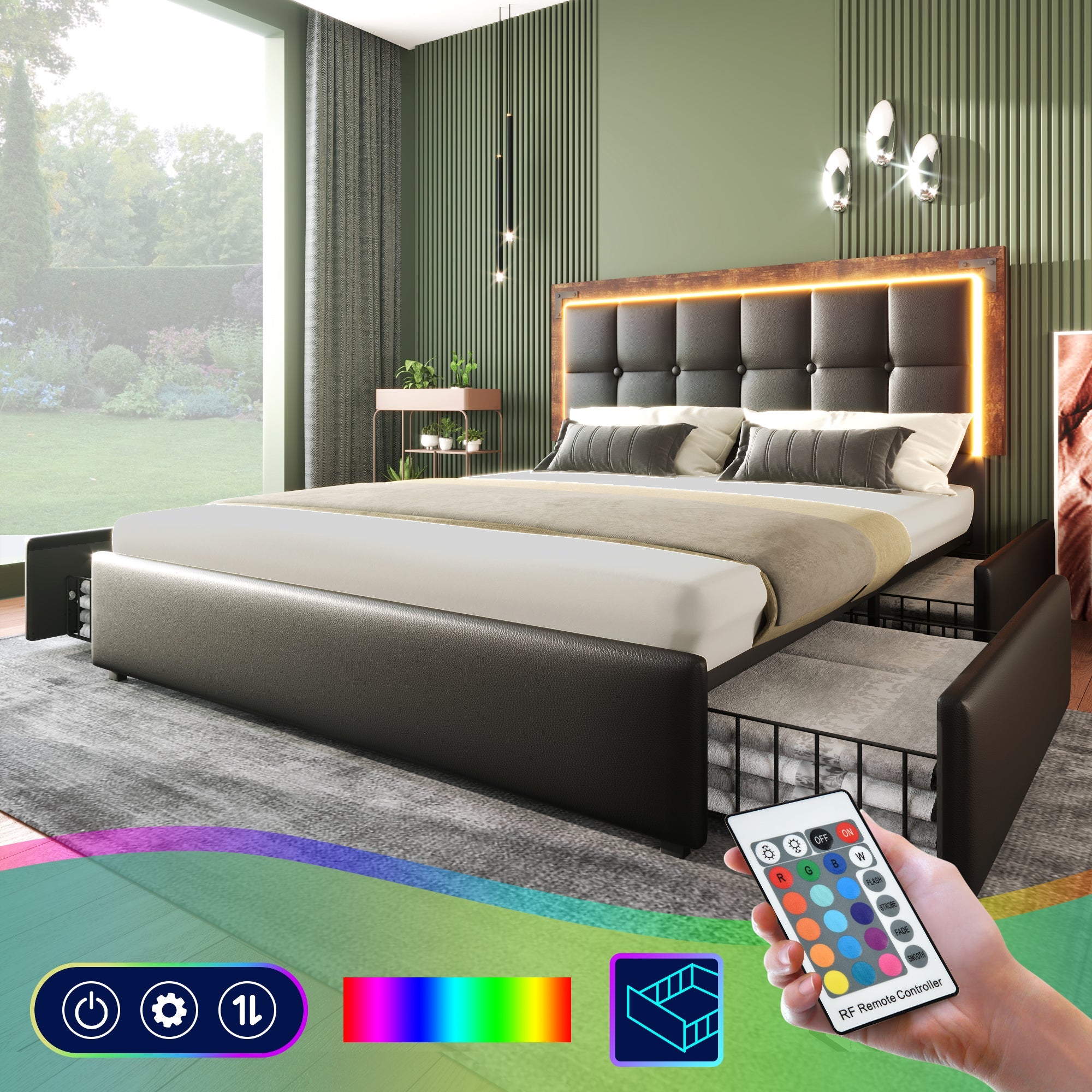 Logidon bedframe 140x200 met LED-verlichting 4 lades zwart