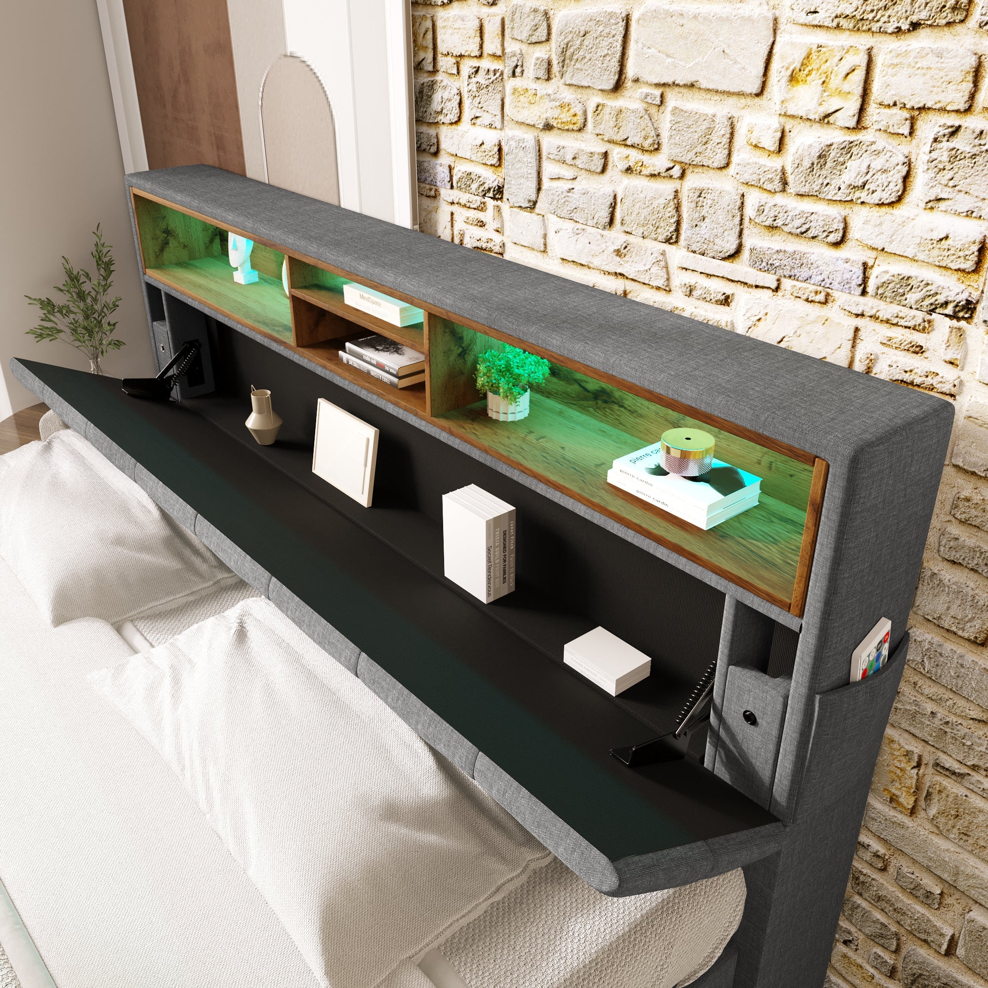 Logidon gestoffeerd tweepersoonsbed met opbergruimte hoofdbord LED grijs 140x200